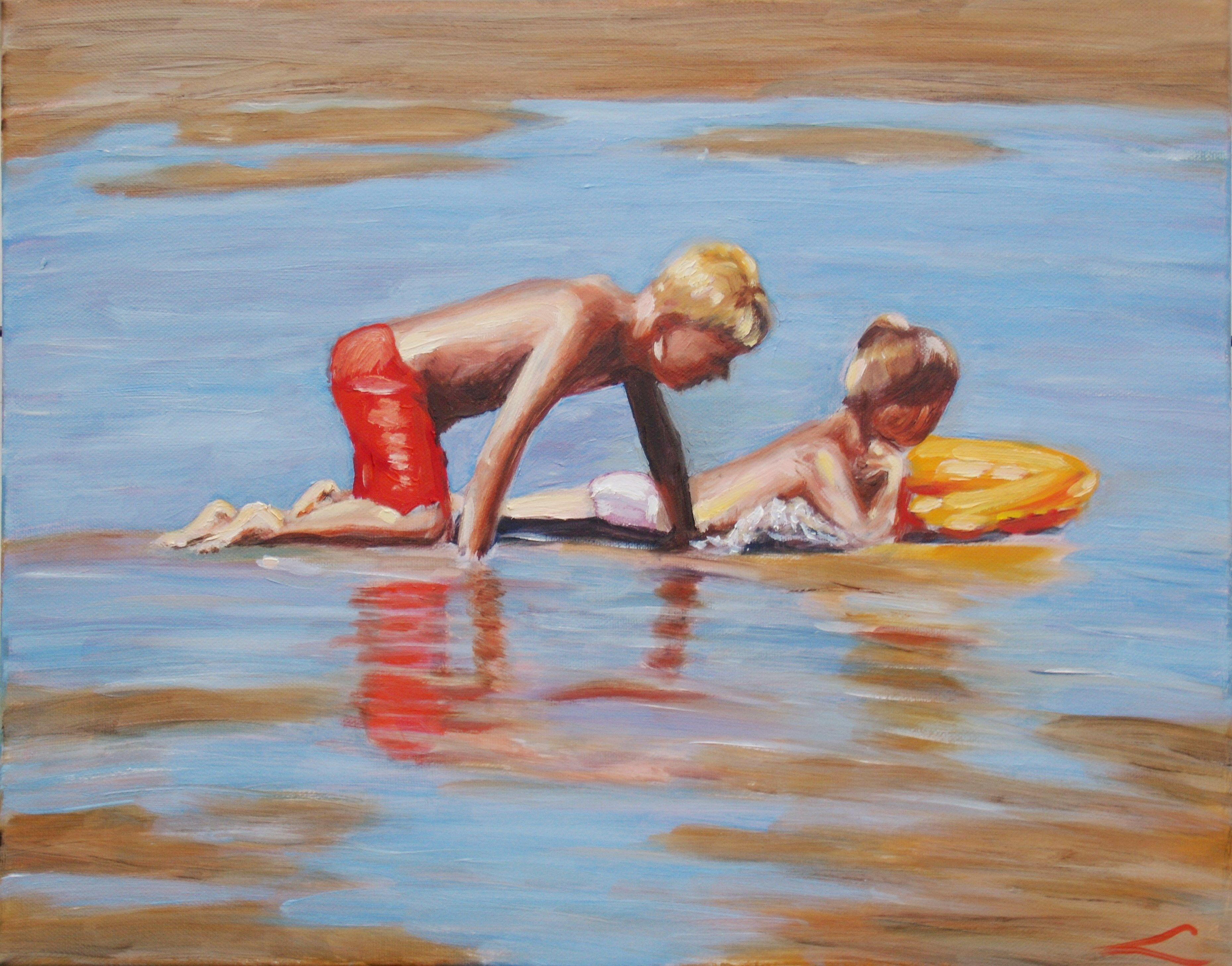Children at the sea. Alla prima oil painting with few final tuches when dry. Beach Paintings always inspire thoughts of holidays, long walks, warm breezes and relaxation. beach and ocean themed paintings that will bring the outdoors inside and