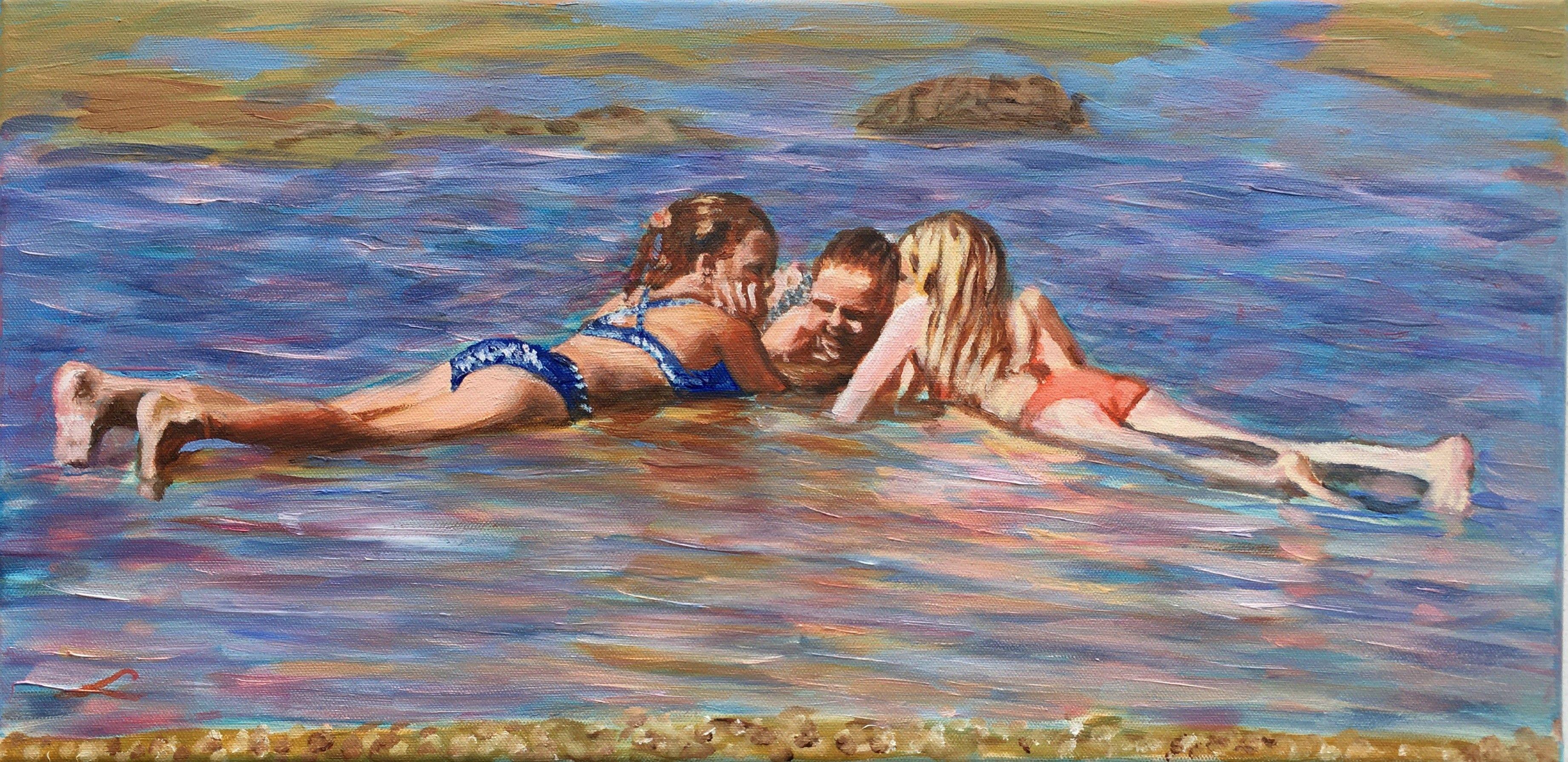 Three girls on the beach at a low tide. Alla prima oil painting with few final tuch when dry.A place that is peaceful in its own ways. It is the place to go to get away from all my troubles.  :: Painting :: Impressionist :: This piece comes with an