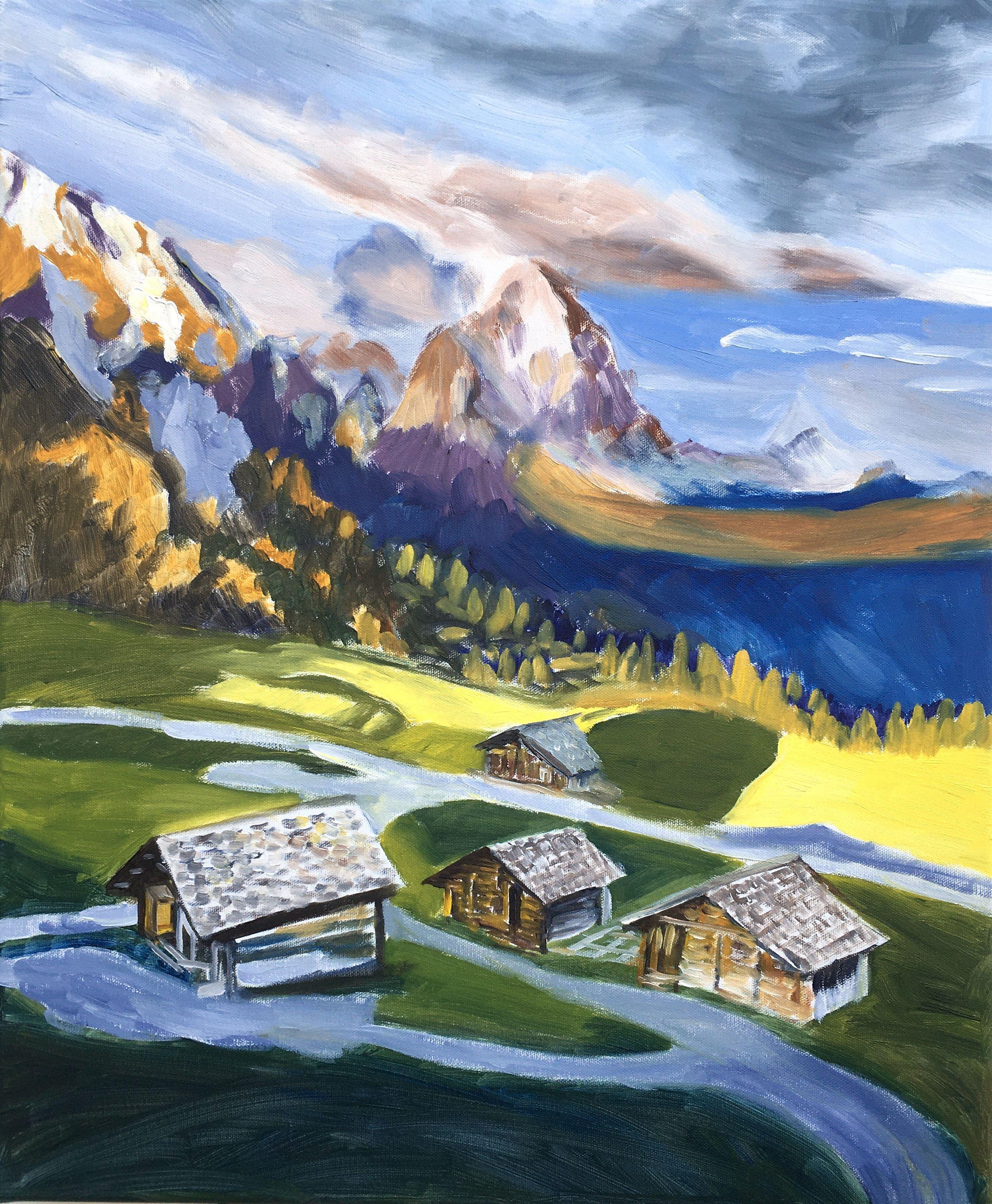 Granges de montagne, Peinture, Huile sur toile - Painting de Elena Sokolova