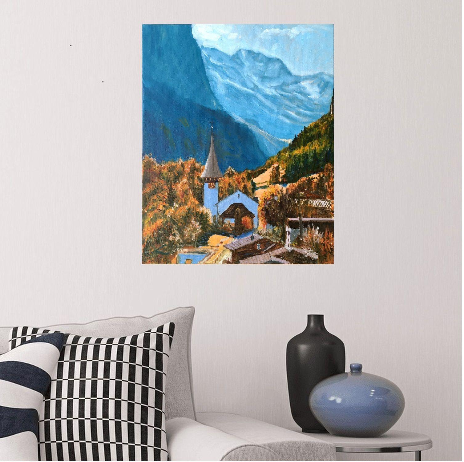 Bergdorf, Gemälde, Öl auf Leinwand (Impressionismus), Painting, von Elena Sokolova
