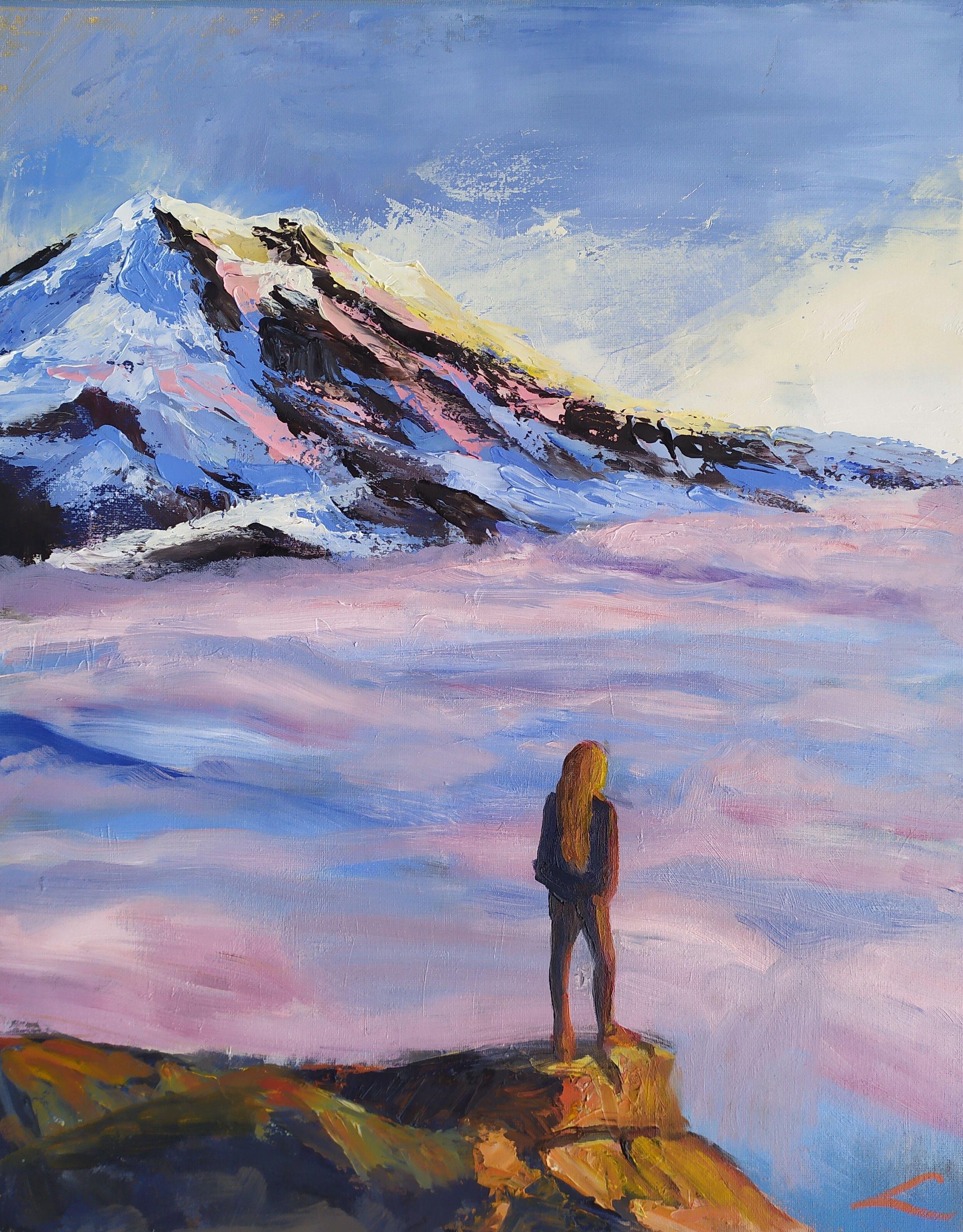 Oil on canvas painting of the mountain landscape with clouds and a figure. :: Painting :: Impressionist :: This piece comes with an official certificate of authenticity signed by the artist :: Ready to Hang: Yes :: Signed: Yes :: Signature Location: