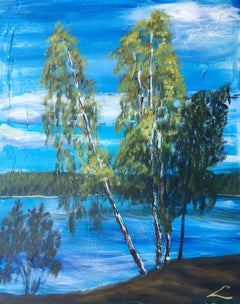 Pastor's lake birches, Painting, Oil on Canvas