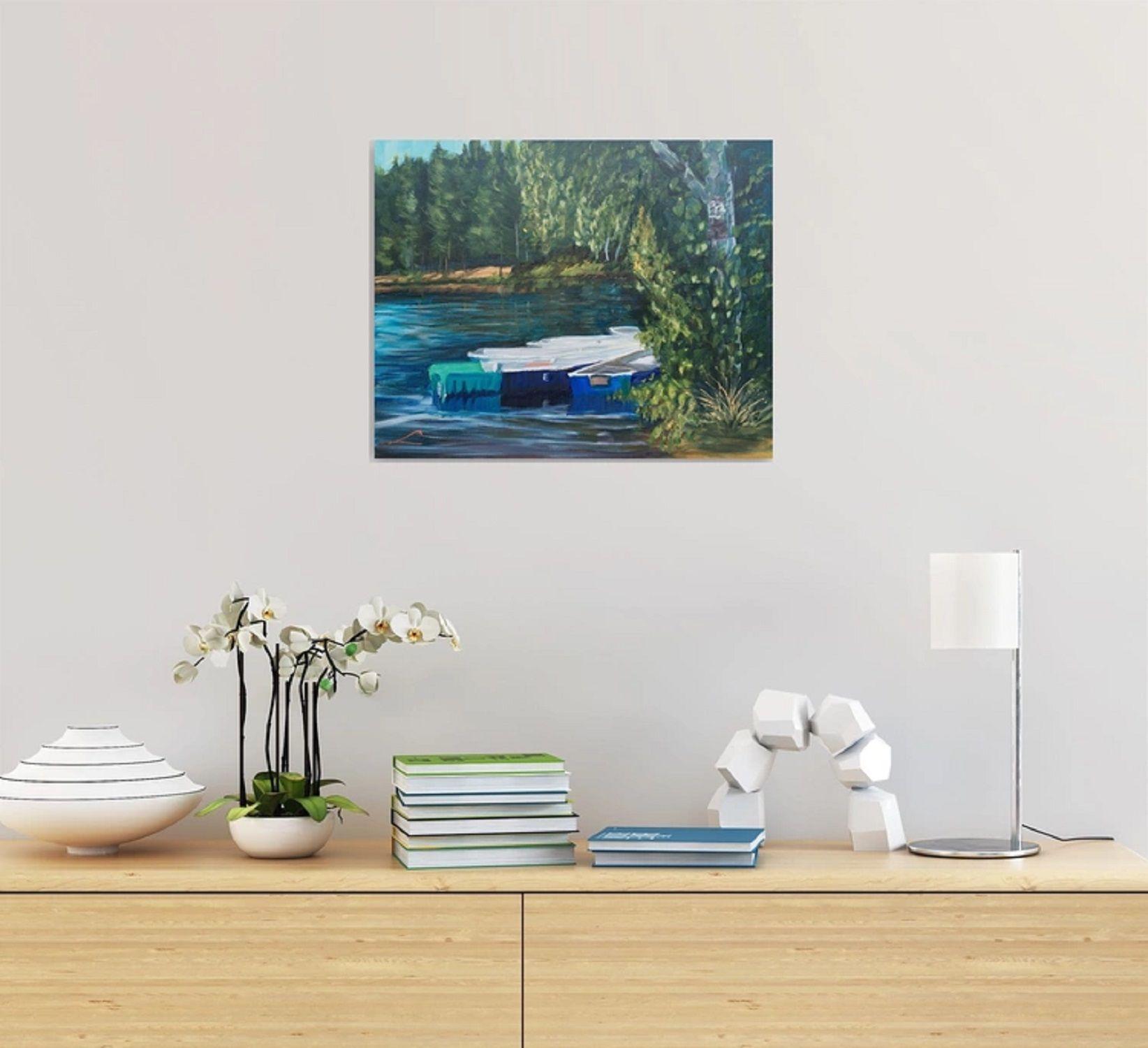 Pastor's lake boats, Painting, Oil on Canvas For Sale 2