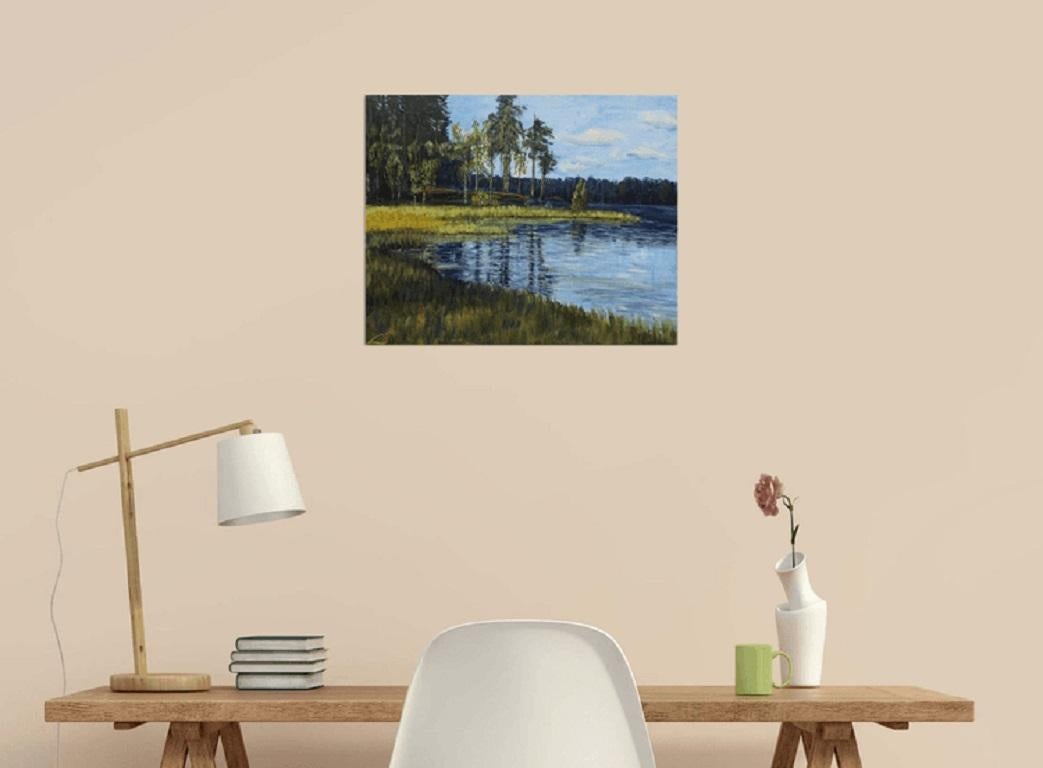 Landschaft mit einem See. Ateliergemälde, gemalt nach der reinen Luft vor Ort :: Malerei :: Impressionist :: Dieses Werk wird mit einem offiziellen, vom Künstler unterzeichneten Echtheitszertifikat geliefert :: Bereit zum Aufhängen: Ja :: Signiert:
