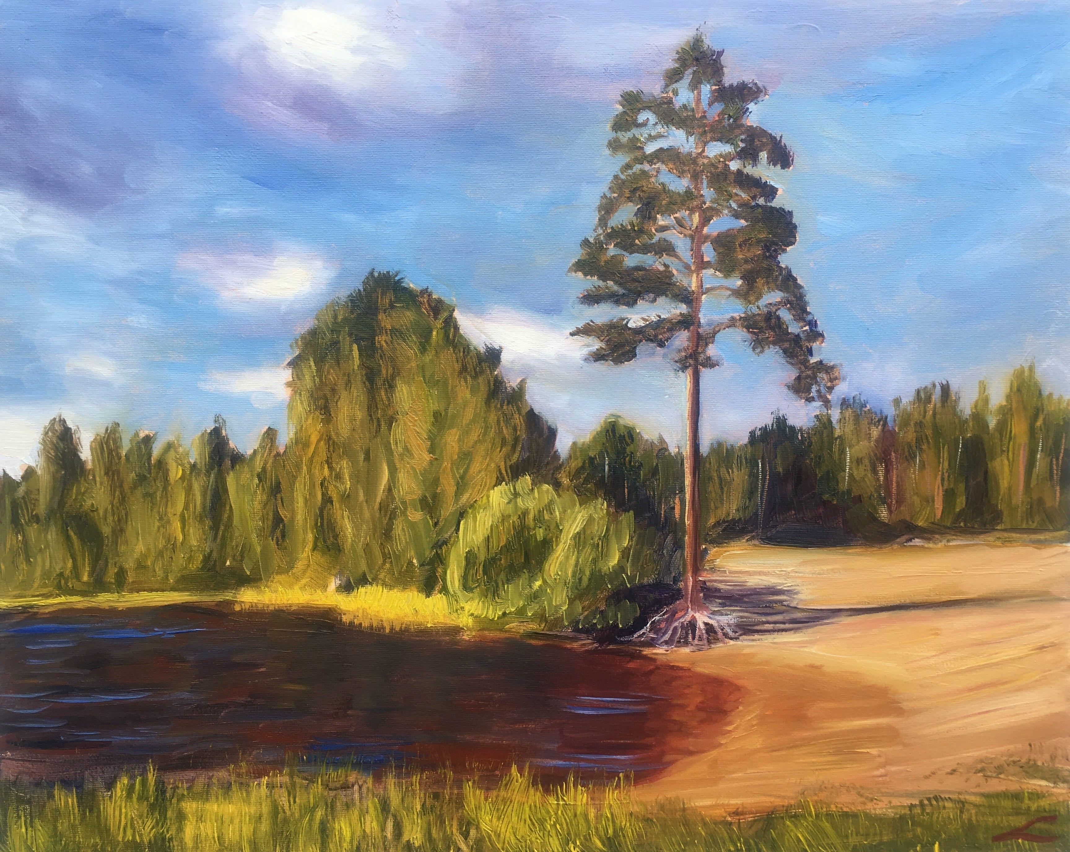 Elena Sokolova Landscape Painting - Pastors lake pine, Painting, Oil on Canvas