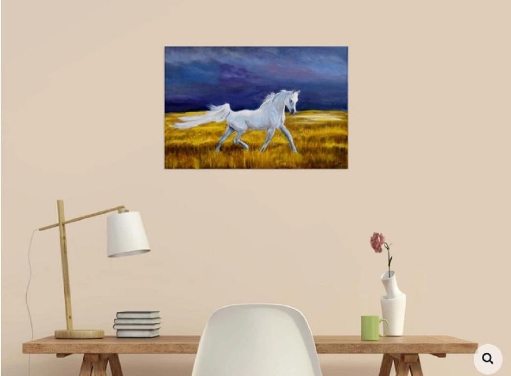 White horse running along the yellow field on the dark blue sky background. :: Painting :: Impressionist :: This piece comes with an official certificate of authenticity signed by the artist :: Ready to Hang: Yes :: Signed: Yes :: Signature