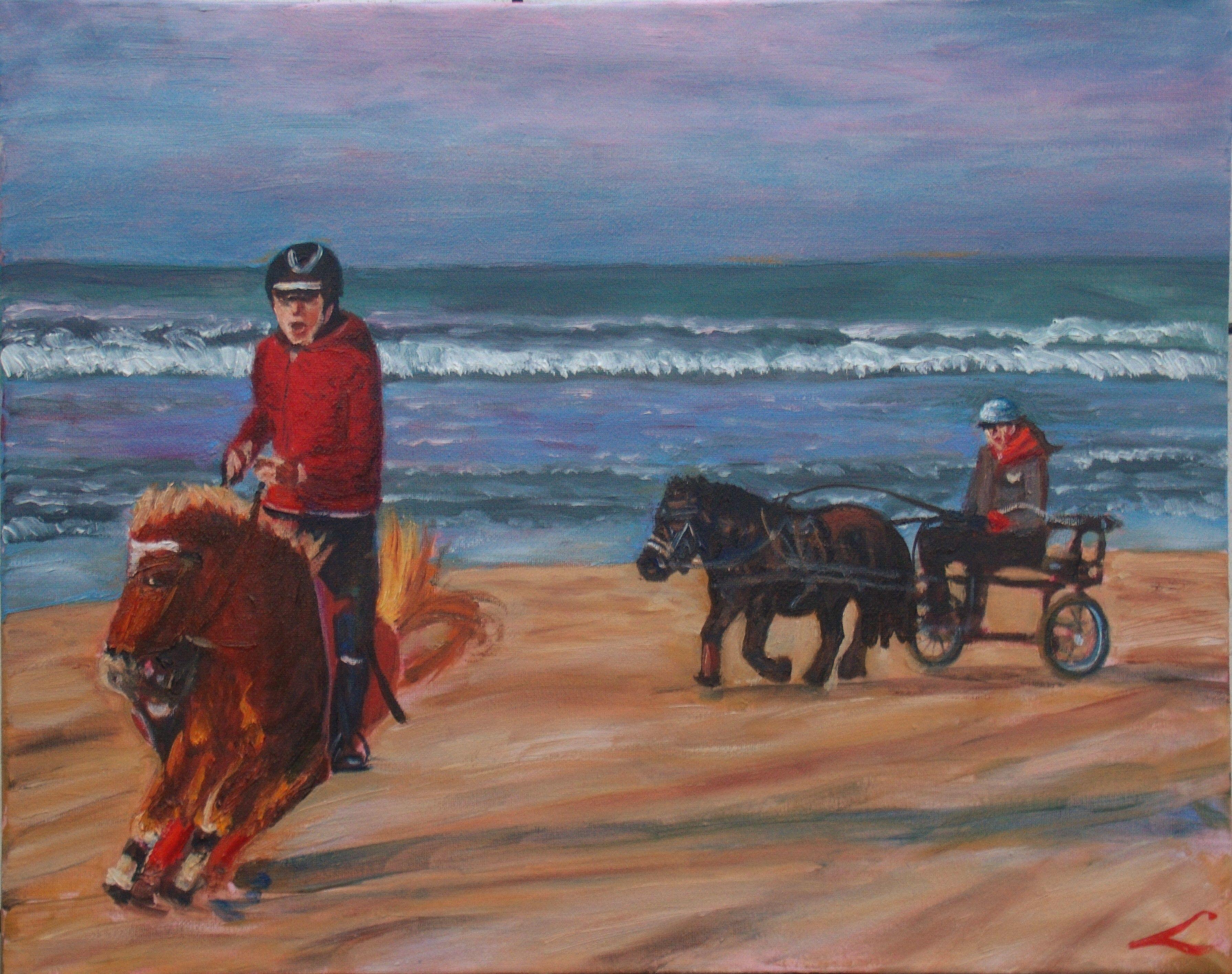Two girls riding ponies on the beach, painted by oil on canvas :: Painting :: Impressionist :: This piece comes with an official certificate of authenticity signed by the artist :: Ready to Hang: Yes :: Signed: Yes :: Signature Location: on front ::