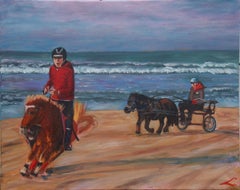 Peinture, huile sur toile, cavaliers chevaux