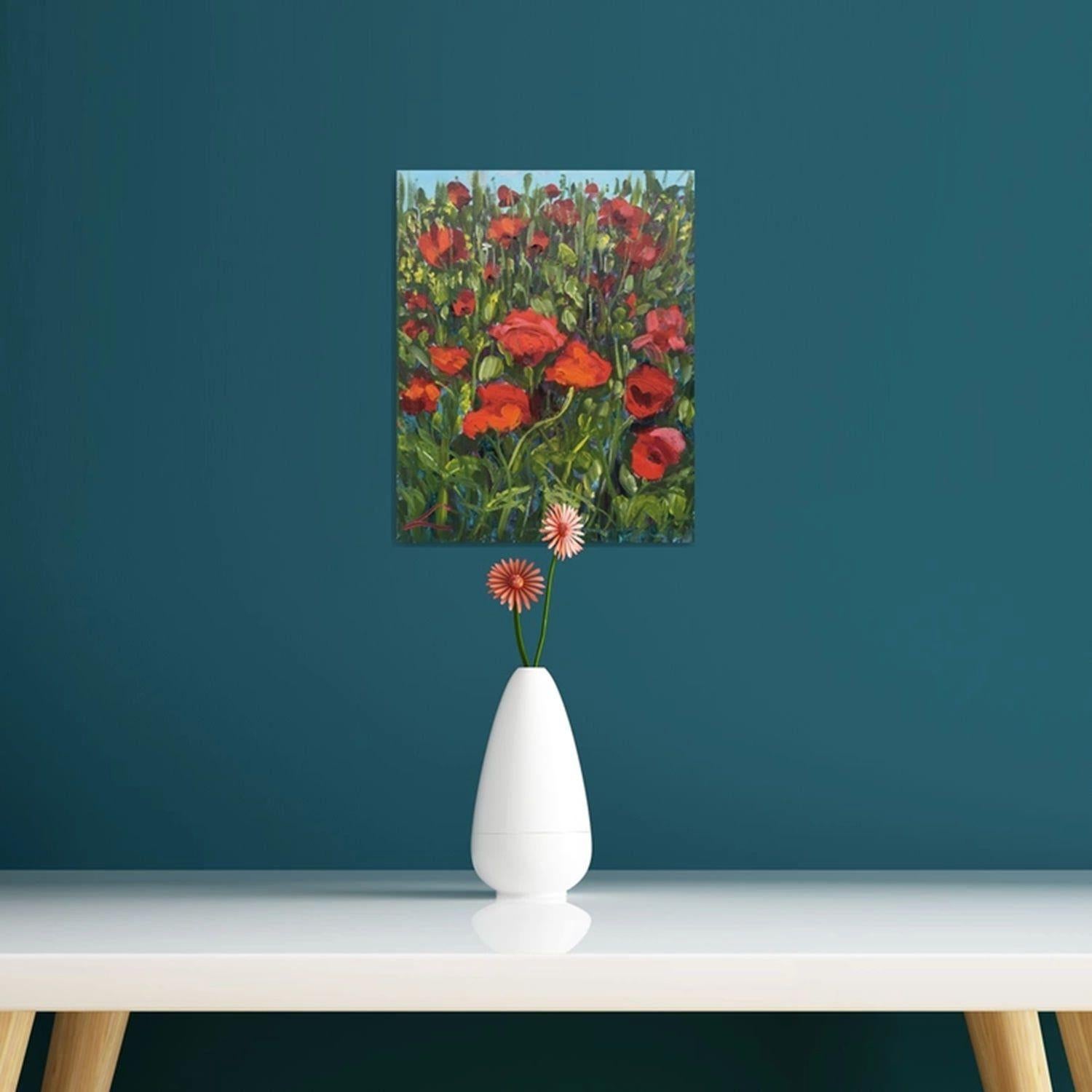 Ce tableau est une œuvre originale qui met en valeur l'interprétation unique de l'artiste d'un champ de coquelicots brillant sous la lumière du soleil. La lumière chaude et les couleurs vives évoquent un sentiment de vivacité et de beauté qui