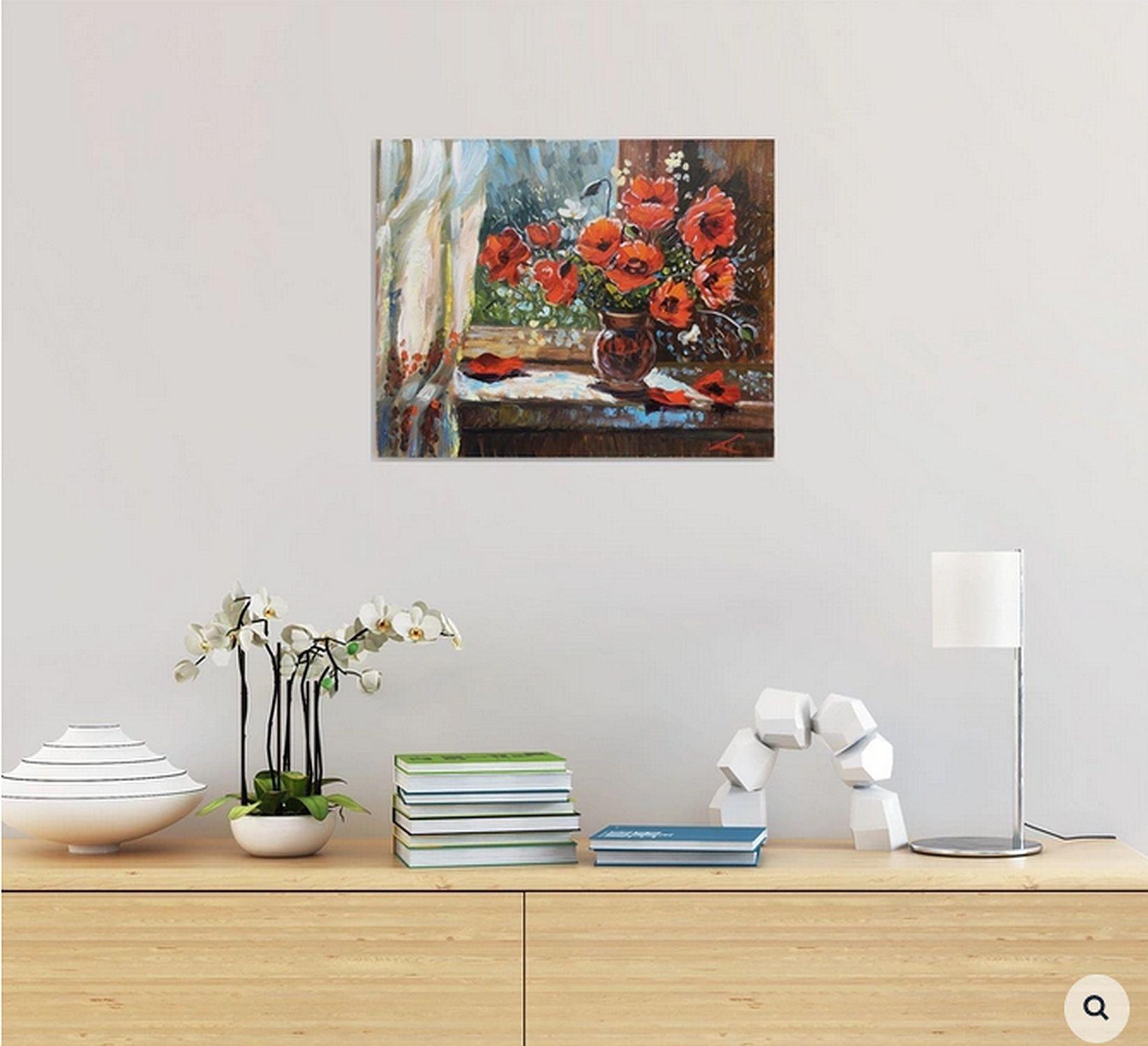 Poppies at the window, Painting, Oil on Canvas For Sale 1