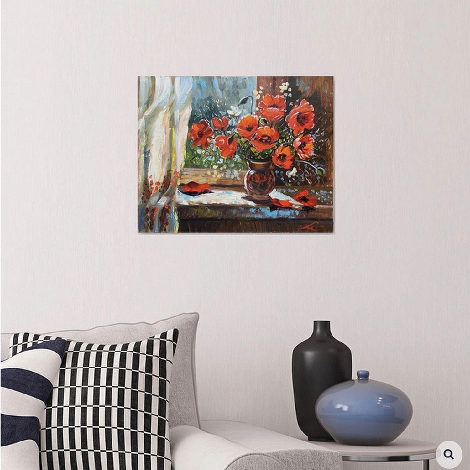 Poppies at the window, Painting, Oil on Canvas For Sale 2
