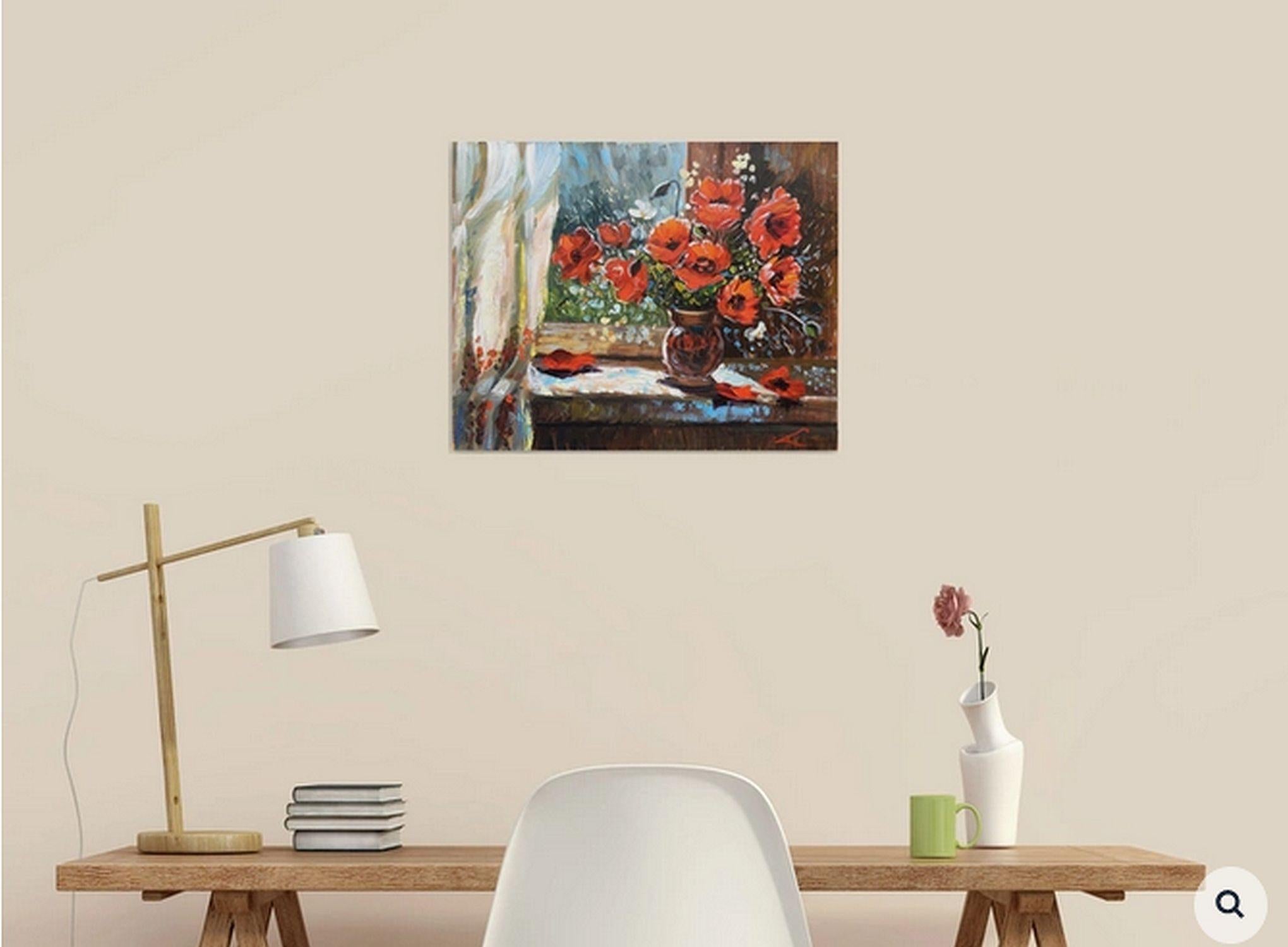 Poppies at the window, Painting, Oil on Canvas For Sale 3