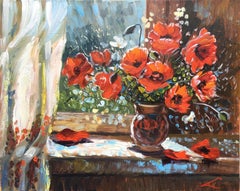 Poppies at the window, Painting, Oil on Canvas