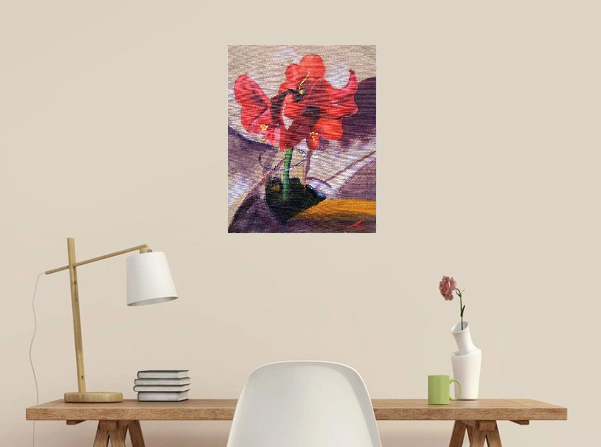 Red amaryllis, Painting, Oil on Canvas For Sale 2