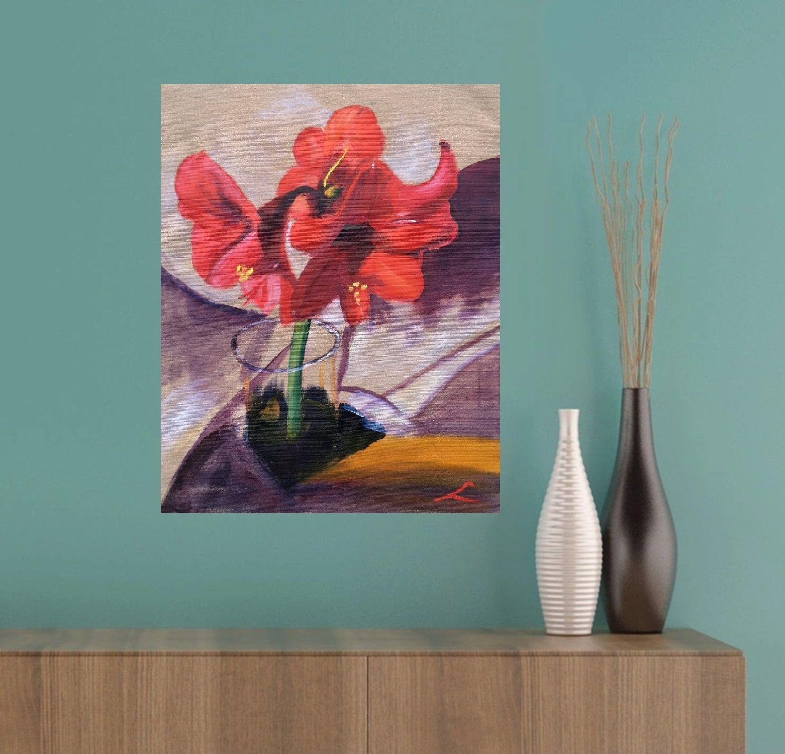 Red amaryllis, Painting, Oil on Canvas For Sale 4