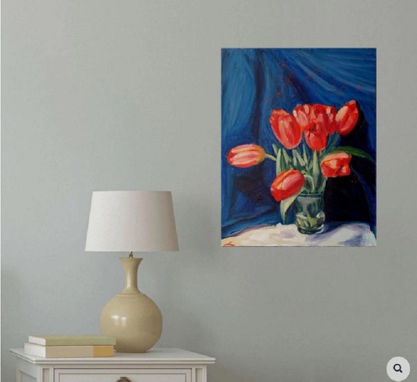 Peinture, huile sur toile, tulipes rouges - Impressionnisme Painting par Elena Sokolova