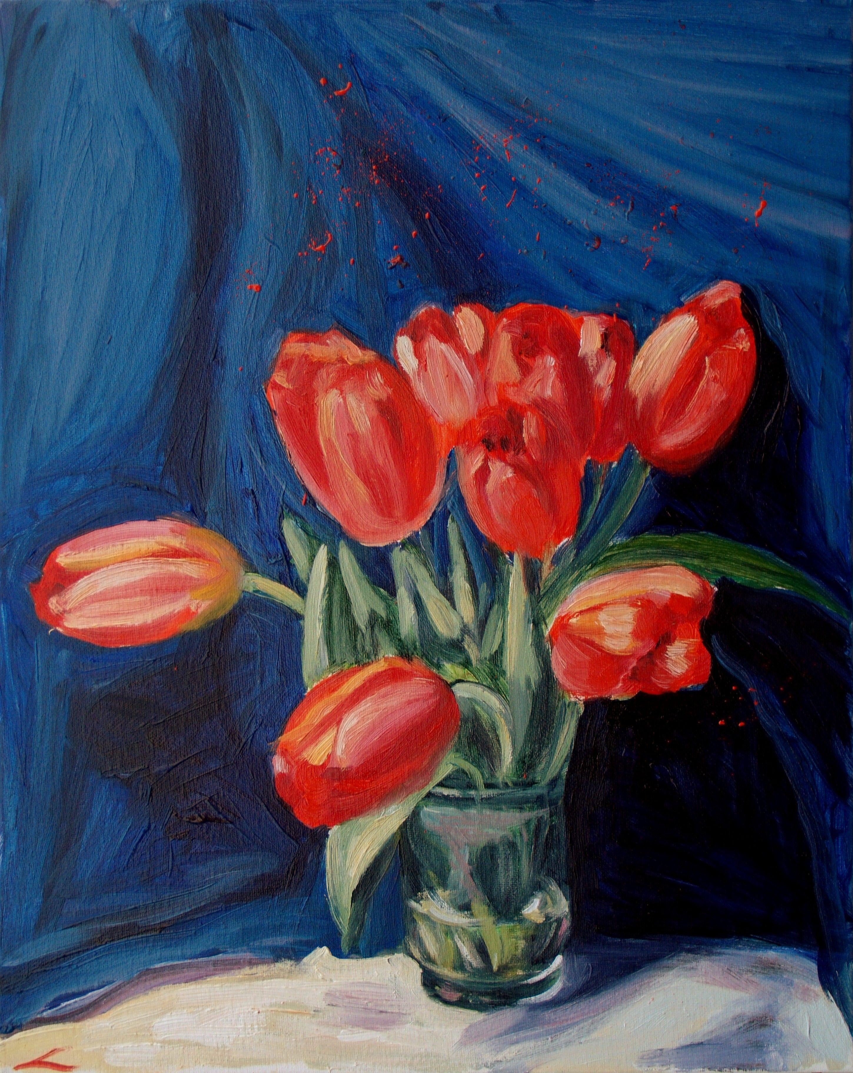Peinture, huile sur toile, tulipes rouges - Painting de Elena Sokolova