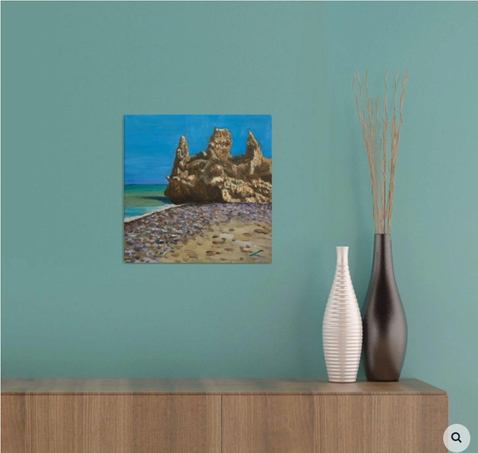 Oil on canvas plain air painting of beach rocks and ruins :: Painting :: Impressionist :: This piece comes with an official certificate of authenticity signed by the artist :: Ready to Hang: Yes :: Signed: Yes :: Signature Location: on front ::