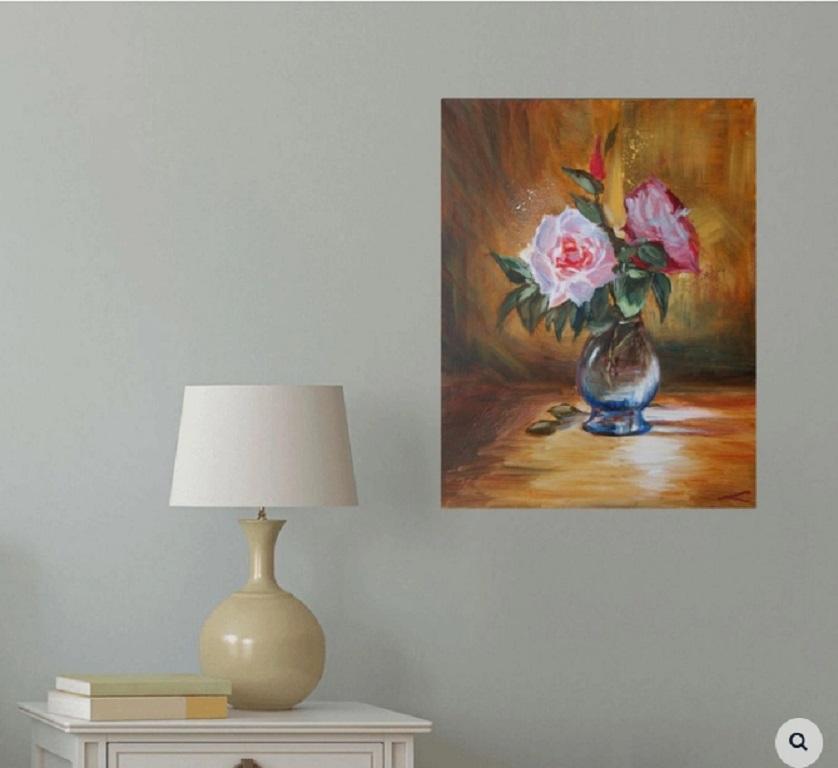 Roses in the vase, painted by oil on canvas. :: Painting :: Impressionist :: This piece comes with an official certificate of authenticity signed by the artist :: Ready to Hang: Yes :: Signed: Yes :: Signature Location: on front :: Canvas ::