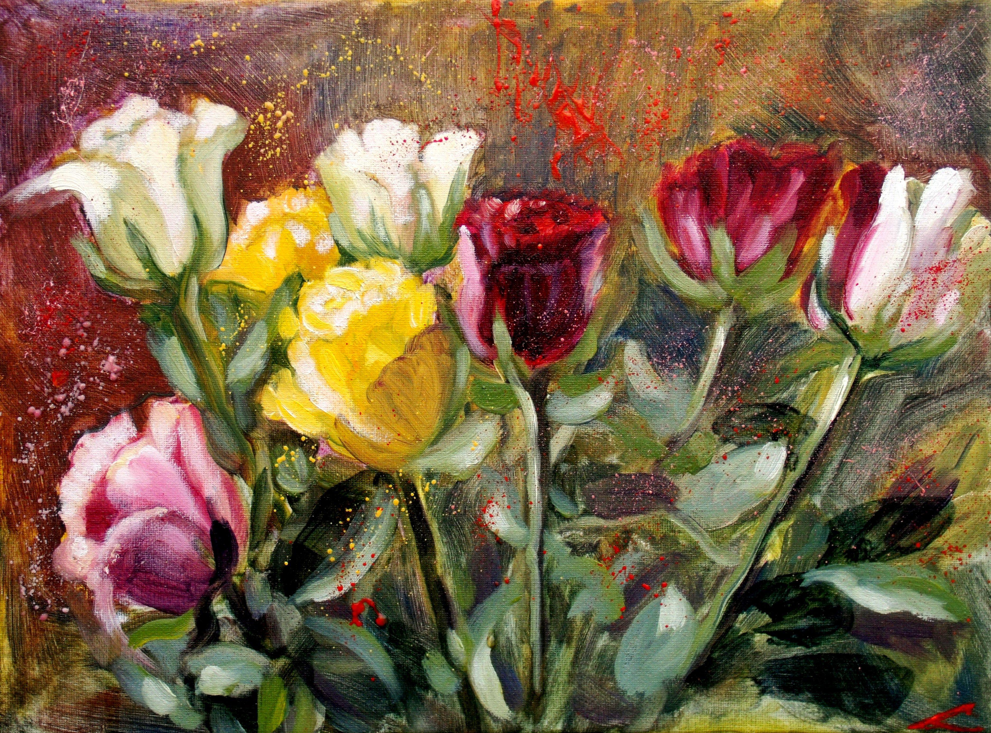 Roses, Peinture, Huile sur Toile - Painting de Elena Sokolova