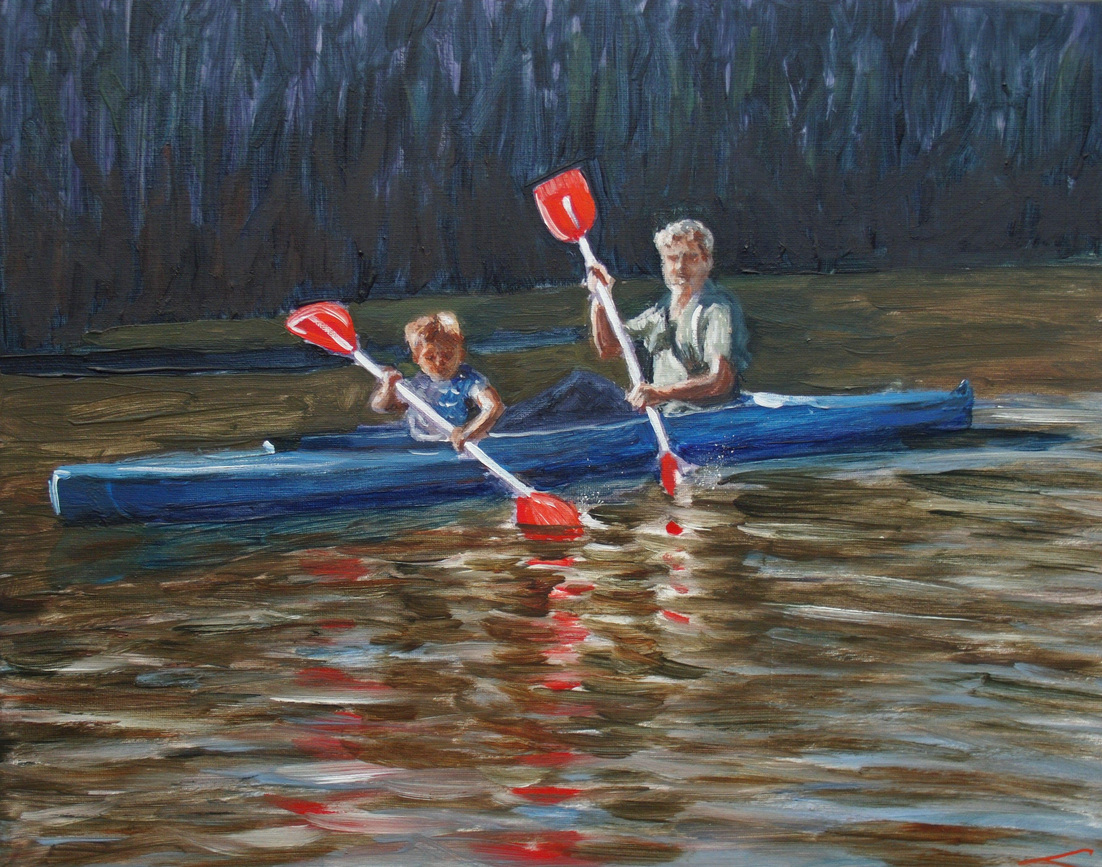 A man and a boy in the boat going along the channel, painted by oil on canvas. :: Painting :: Impressionist :: This piece comes with an official certificate of authenticity signed by the artist :: Ready to Hang: Yes :: Signed: Yes :: Signature