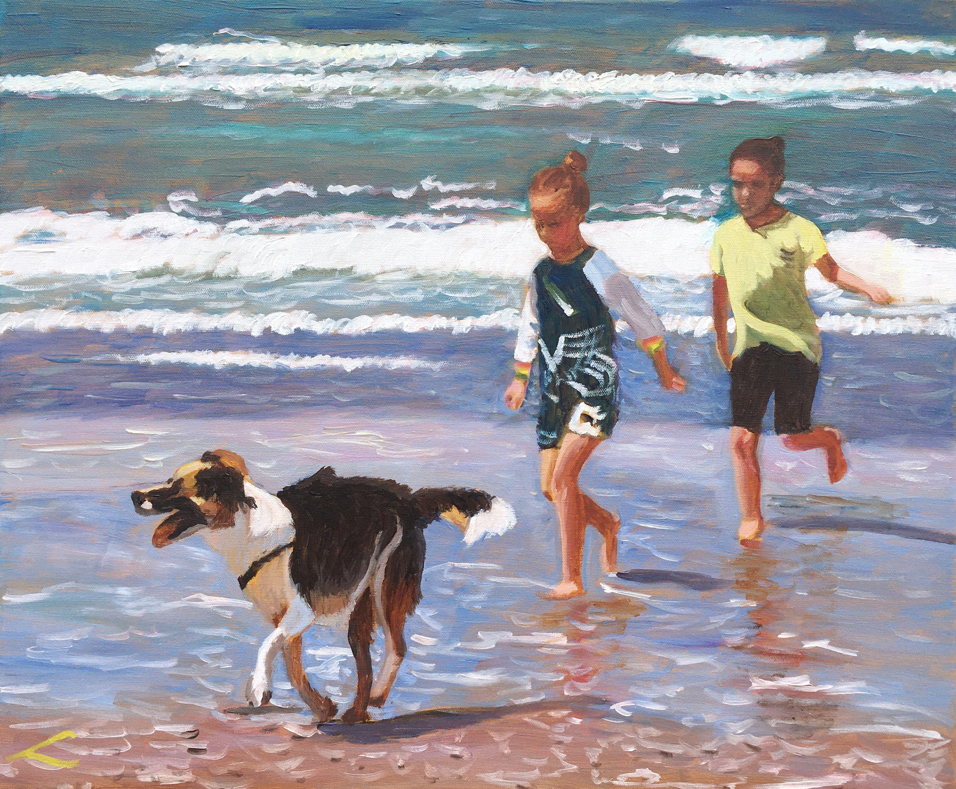 Alla prima oil painting with few final touches when dry. Beautiful weather with a big shining sun. And Iâ€™m standing there taking it all in. The many spectacular sights jump at my eyes. Kids and dogs run around and splash each other I see happy