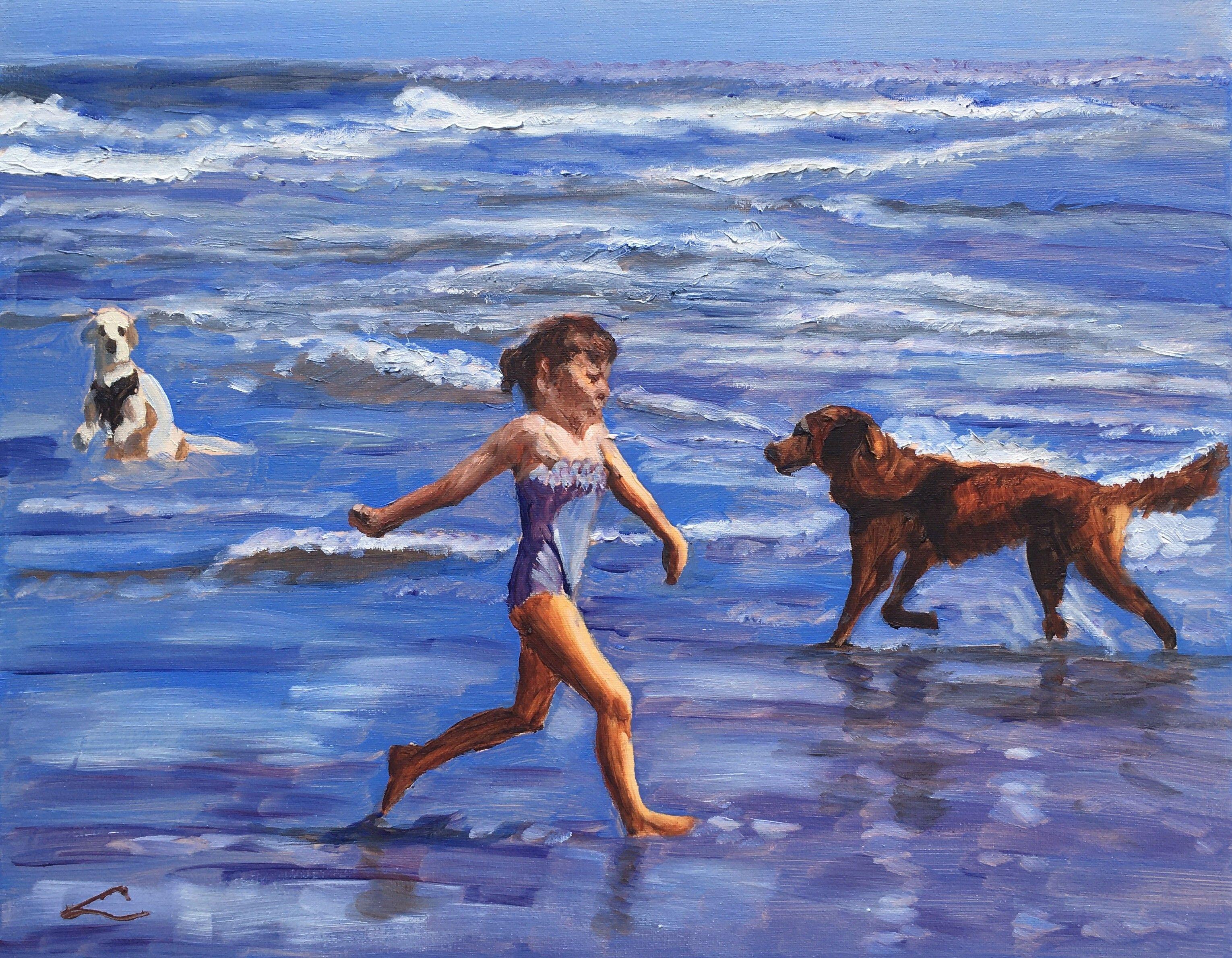 Alla prima oil painting with few final tuches when dry.Beautiful weather with a big shining sun. And I'm standing there taking it all in.The many spectacular sights jump at my eyes. Kids and dogs run around and splash each other I see happy children