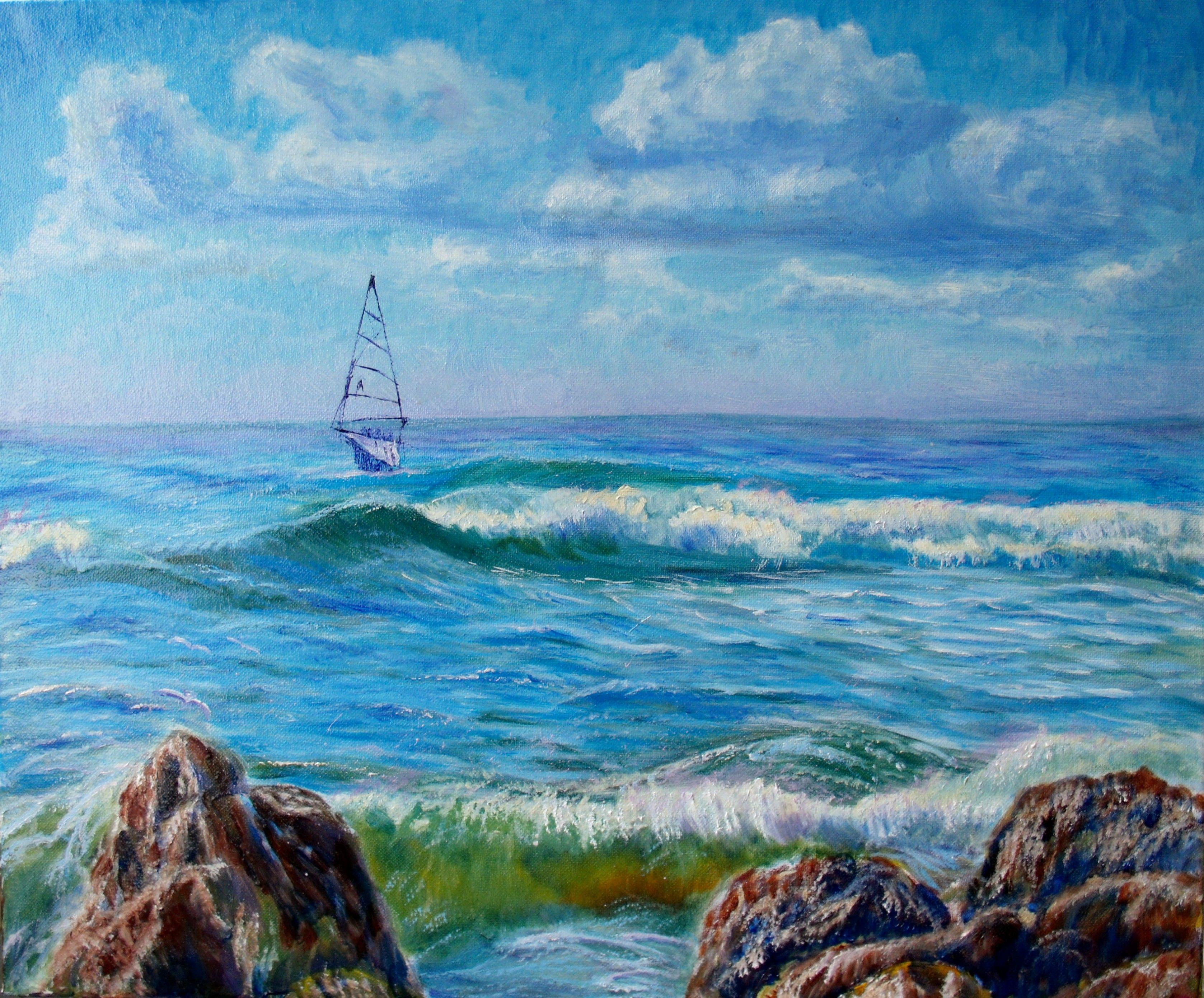 Seascape with waves a sailboat. :: Painting :: Impressionist :: This piece comes with an official certificate of authenticity signed by the artist :: Ready to Hang: Yes :: Signed: Yes :: Signature Location: on front :: Canvas :: Landscape ::