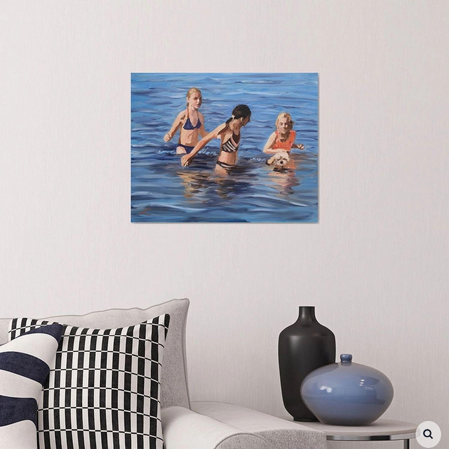 Seaside Serenity: A Playful Encounter of Girls and, Painting, Oil on Canvas For Sale 1