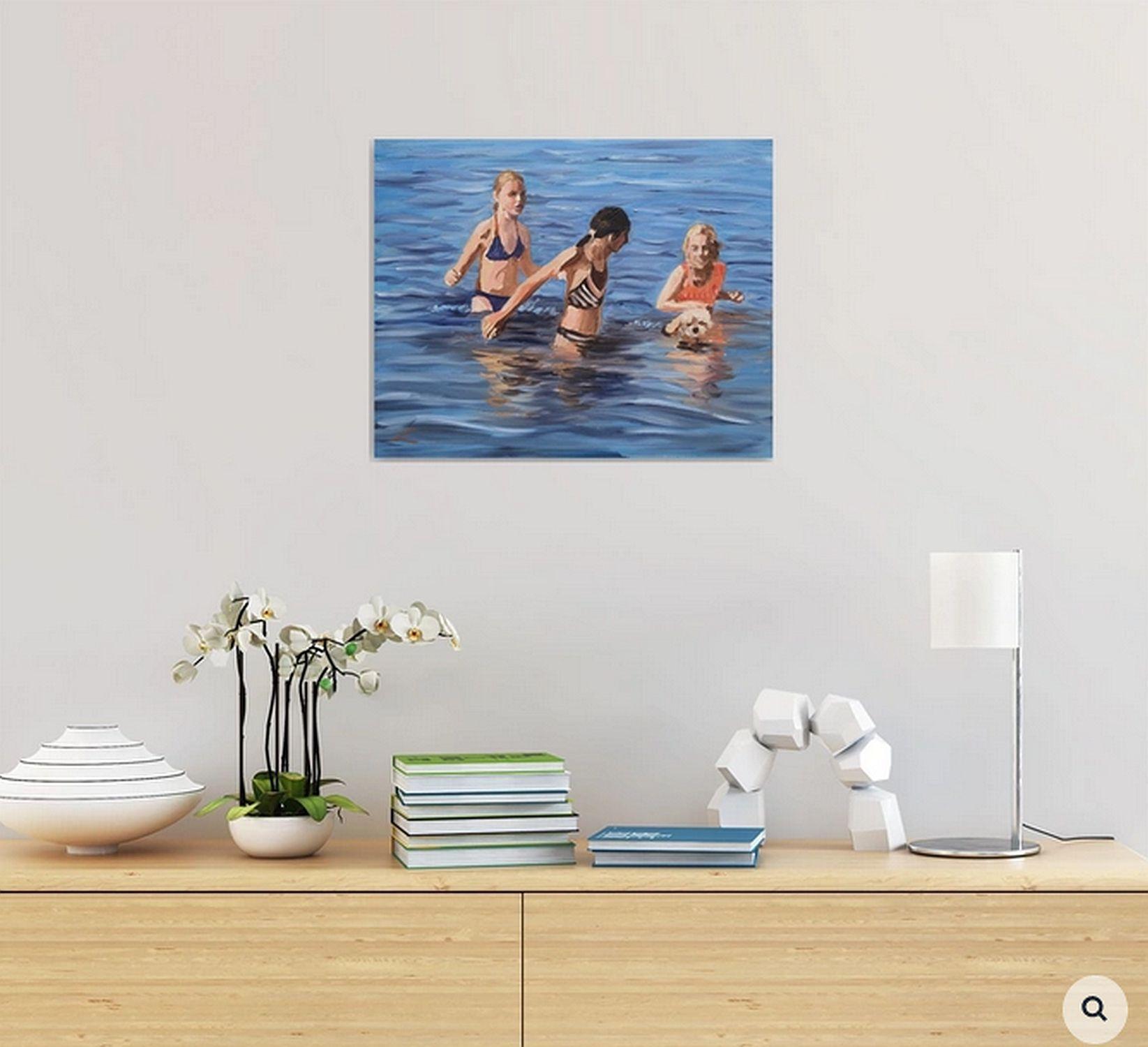 Seaside Serenity: A Playful Encounter of Girls and, Painting, Oil on Canvas For Sale 2