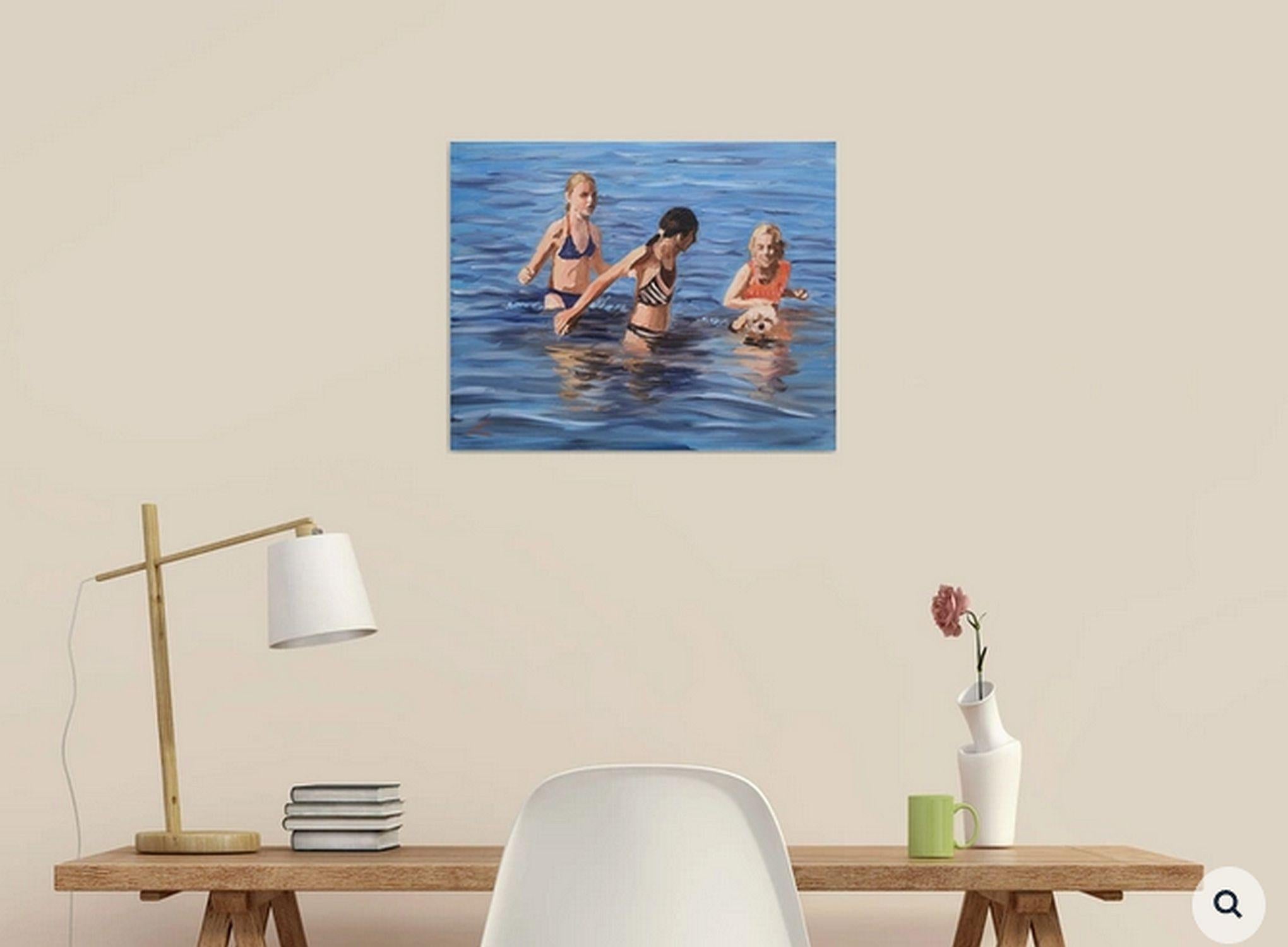 Seaside Serenity: A Playful Encounter of Girls and, Painting, Oil on Canvas For Sale 3
