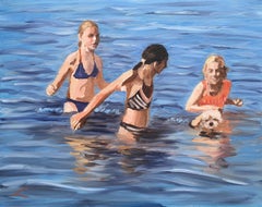 Seaside Serenity: A Playful Encounter of Girls and, Painting, Oil on Canvas