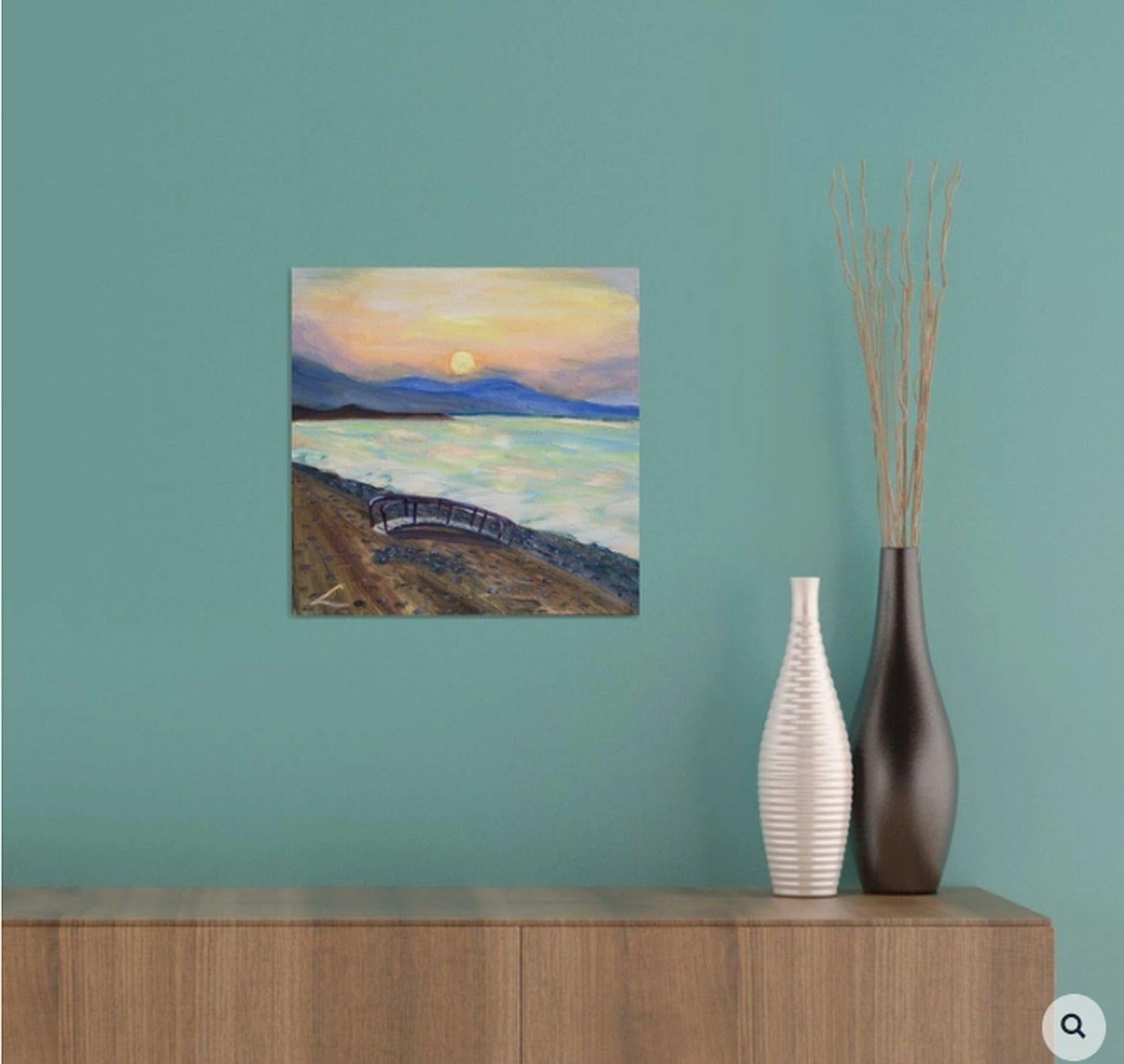 Öl auf Leinwand, Luftbild eines Sonnenuntergangs :: Gemälde :: Impressionist :: Dieses Werk wird mit einem offiziellen, vom Künstler unterzeichneten Echtheitszertifikat geliefert :: Bereit zum Aufhängen: Ja :: Signiert: Ja :: Position der Signatur: