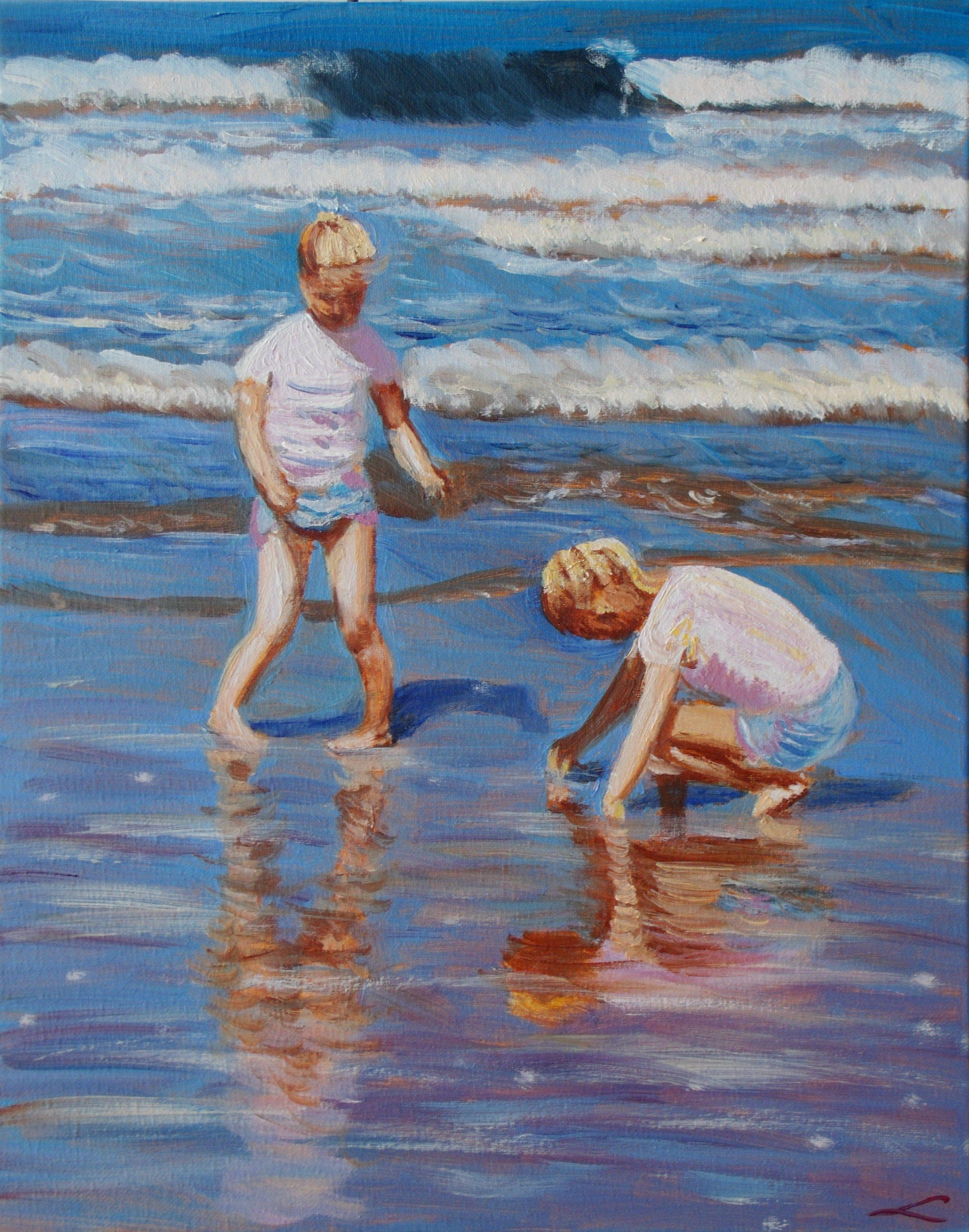 Two small girls at the sea. Alla prima oil painting with few final tuches when dry. Beach Paintings always inspire thoughts of holidays, long walks, warm breezes and relaxation. beach and ocean themed paintings that will bring the outdoors inside