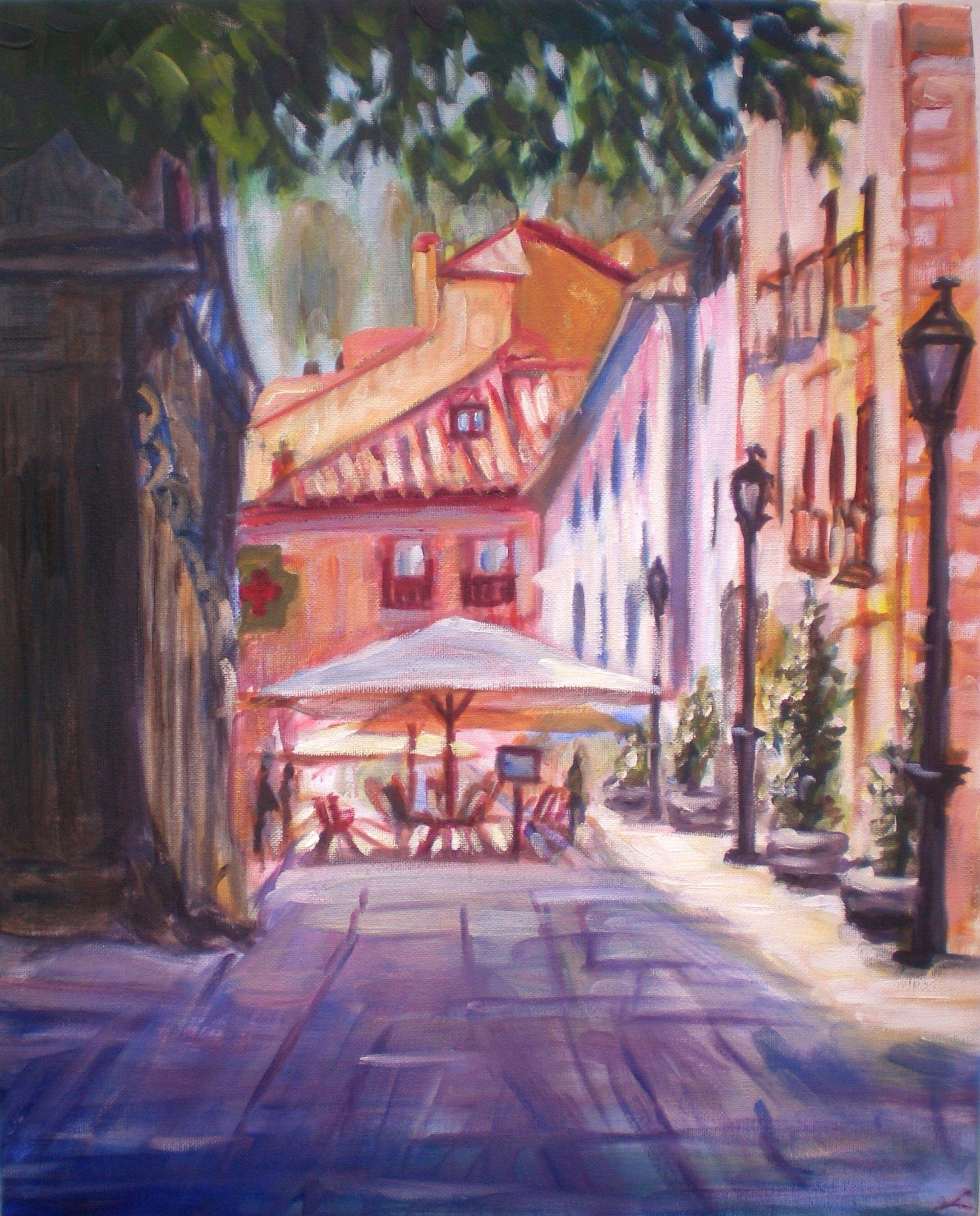 Street view with a cafe, painted by oil on canvas. :: Painting :: Impressionist :: This piece comes with an official certificate of authenticity signed by the artist :: Ready to Hang: Yes :: Signed: Yes :: Signature Location: on front :: Canvas ::
