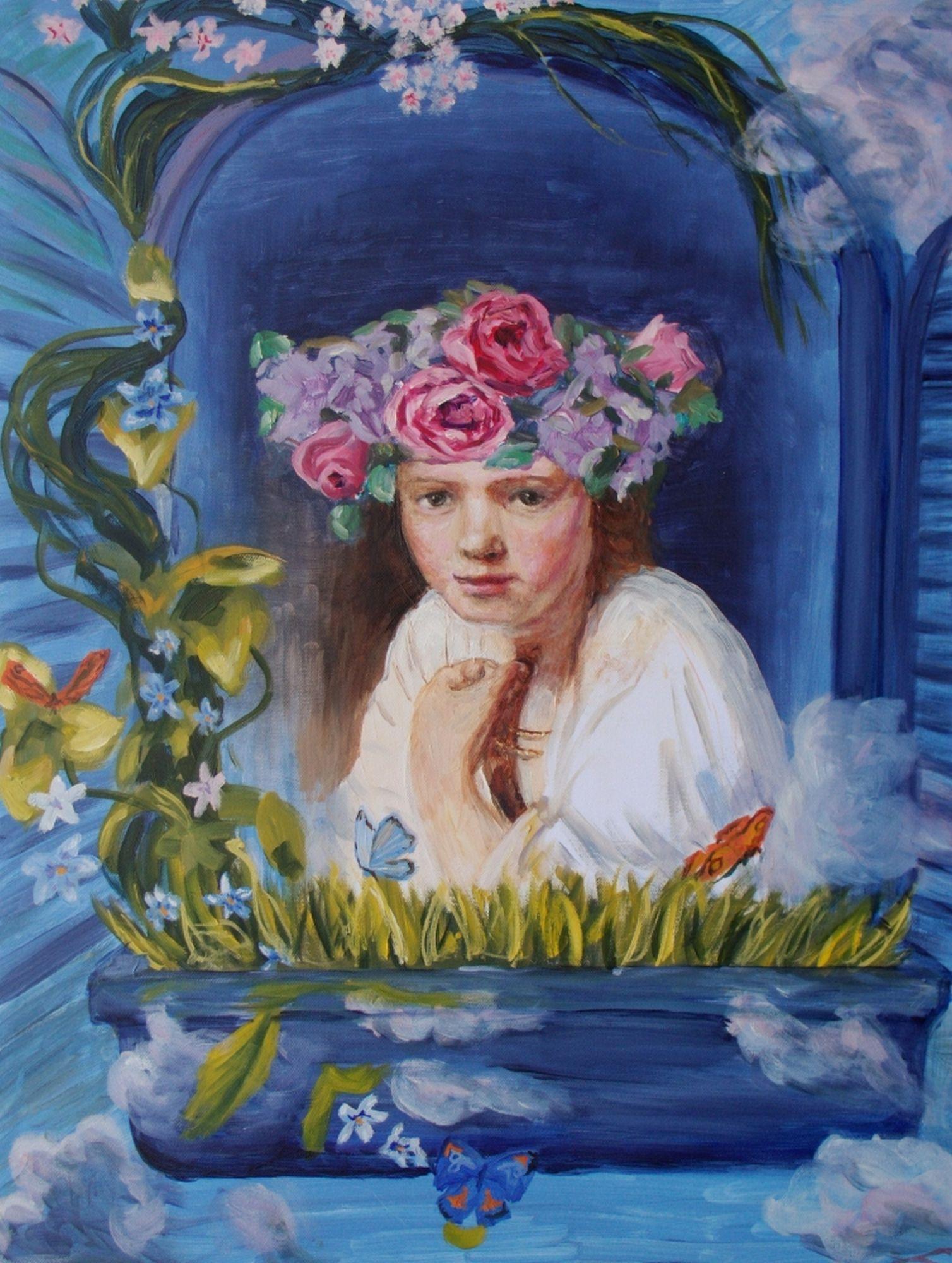 Girl in te window, inspired by Rembrandt, painted in spring froral style. :: Painting :: Impressionist :: This piece comes with an official certificate of authenticity signed by the artist :: Ready to Hang: Yes :: Signed: Yes :: Signature Location: