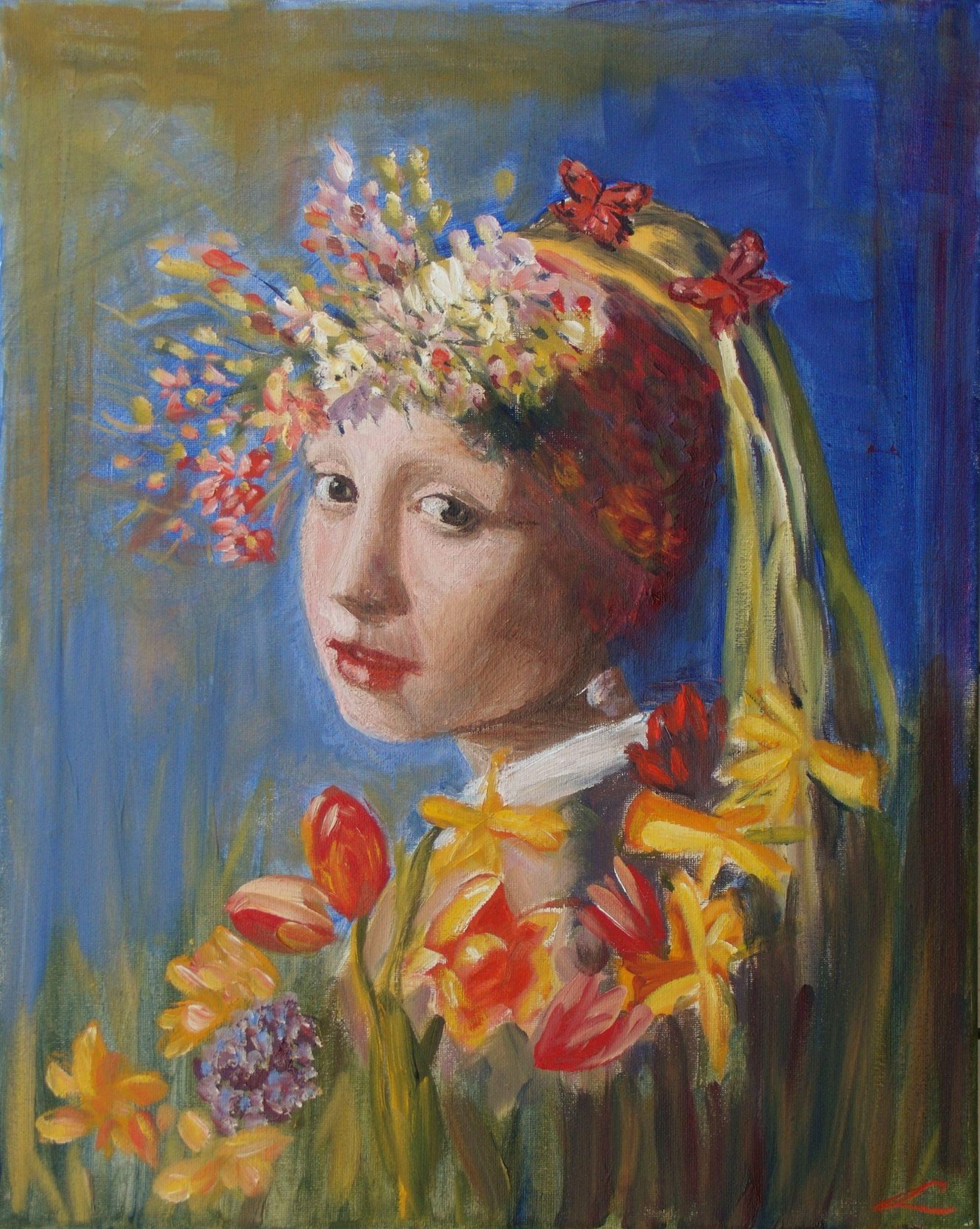 Fantasy portrait of the girl with the pearl in spring flowers. :: Painting :: Impressionist :: This piece comes with an official certificate of authenticity signed by the artist :: Ready to Hang: Yes :: Signed: Yes :: Signature Location: on front ::