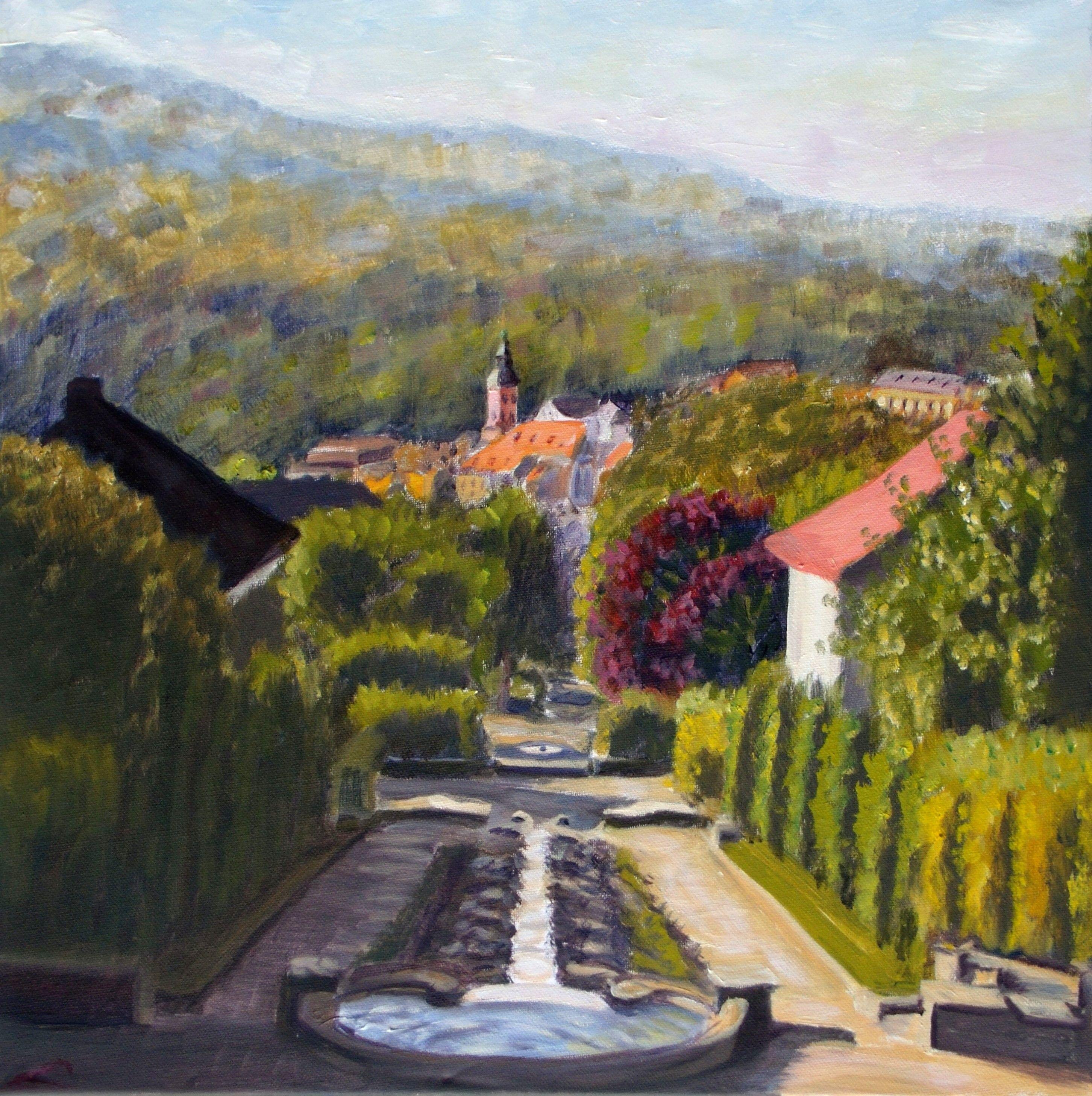 Elena Sokolova Landscape Painting – Spring in Baden-Baden, Das Paradies, Gemälde, Öl auf Leinwand
