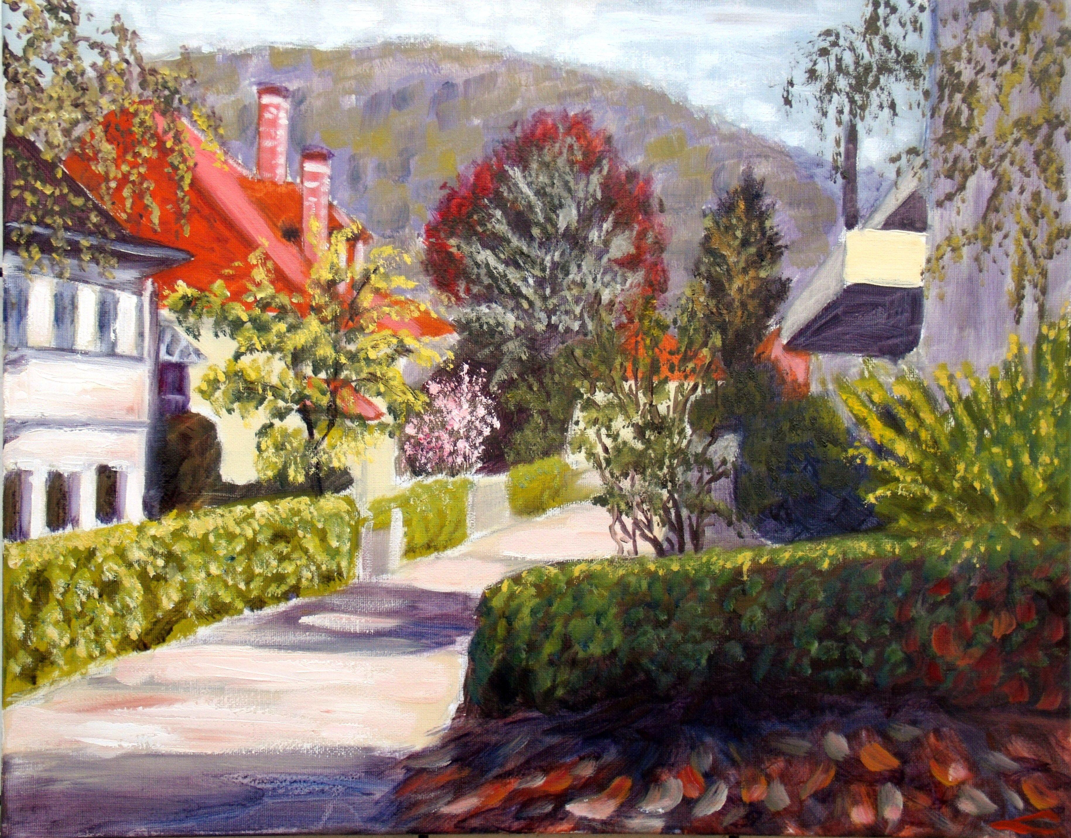 Spring street of Baden - Baden view. Studio painting done after the plain air on the location. :: Painting :: Impressionist :: This piece comes with an official certificate of authenticity signed by the artist :: Ready to Hang: Yes :: Signed: Yes ::