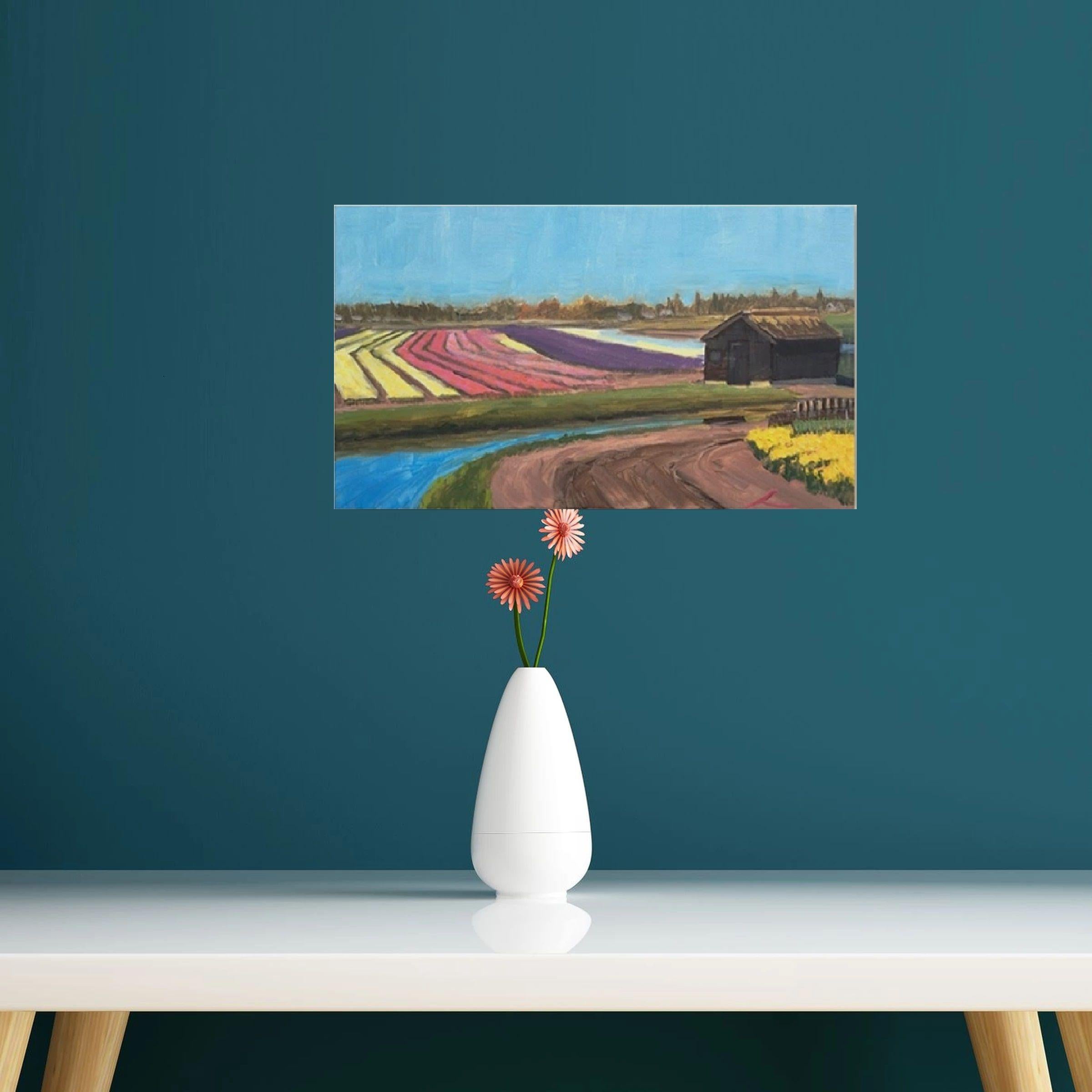 Frühlingslandschaft mit Tulpenfeldern, gemalt mit Öl auf Leinwand :: Gemälde :: Impressionist :: Dieses Werk wird mit einem offiziellen, vom Künstler unterzeichneten Echtheitszertifikat geliefert :: Bereit zum Aufhängen: Ja :: Signiert: Ja :: Ort