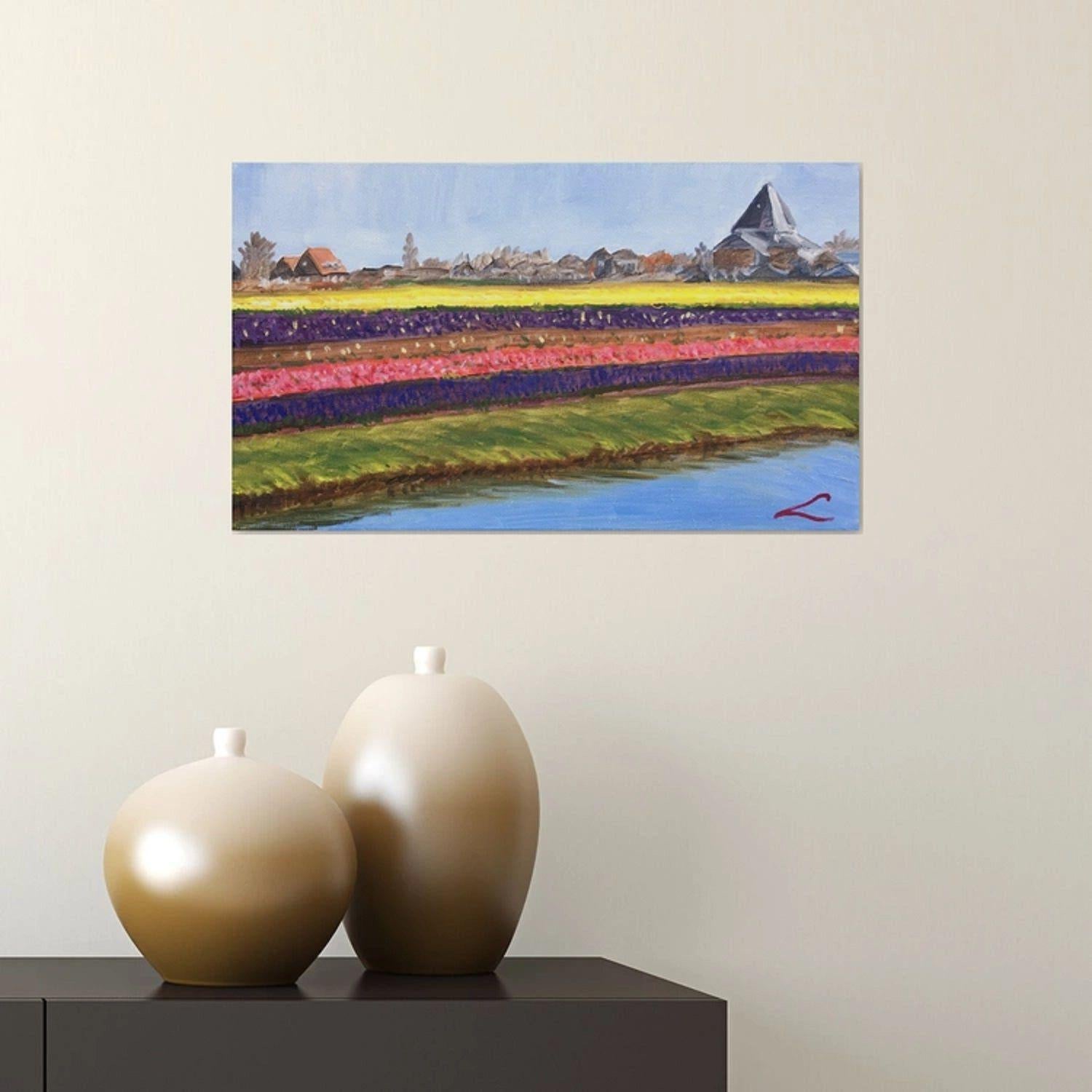 Frühlingslandschaft mit Tulpenfeldern, gemalt mit Öl auf Leinwand :: Gemälde :: Impressionist :: Dieses Werk wird mit einem offiziellen, vom Künstler unterzeichneten Echtheitszertifikat geliefert :: Bereit zum Aufhängen: Ja :: Signiert: Ja :: Ort