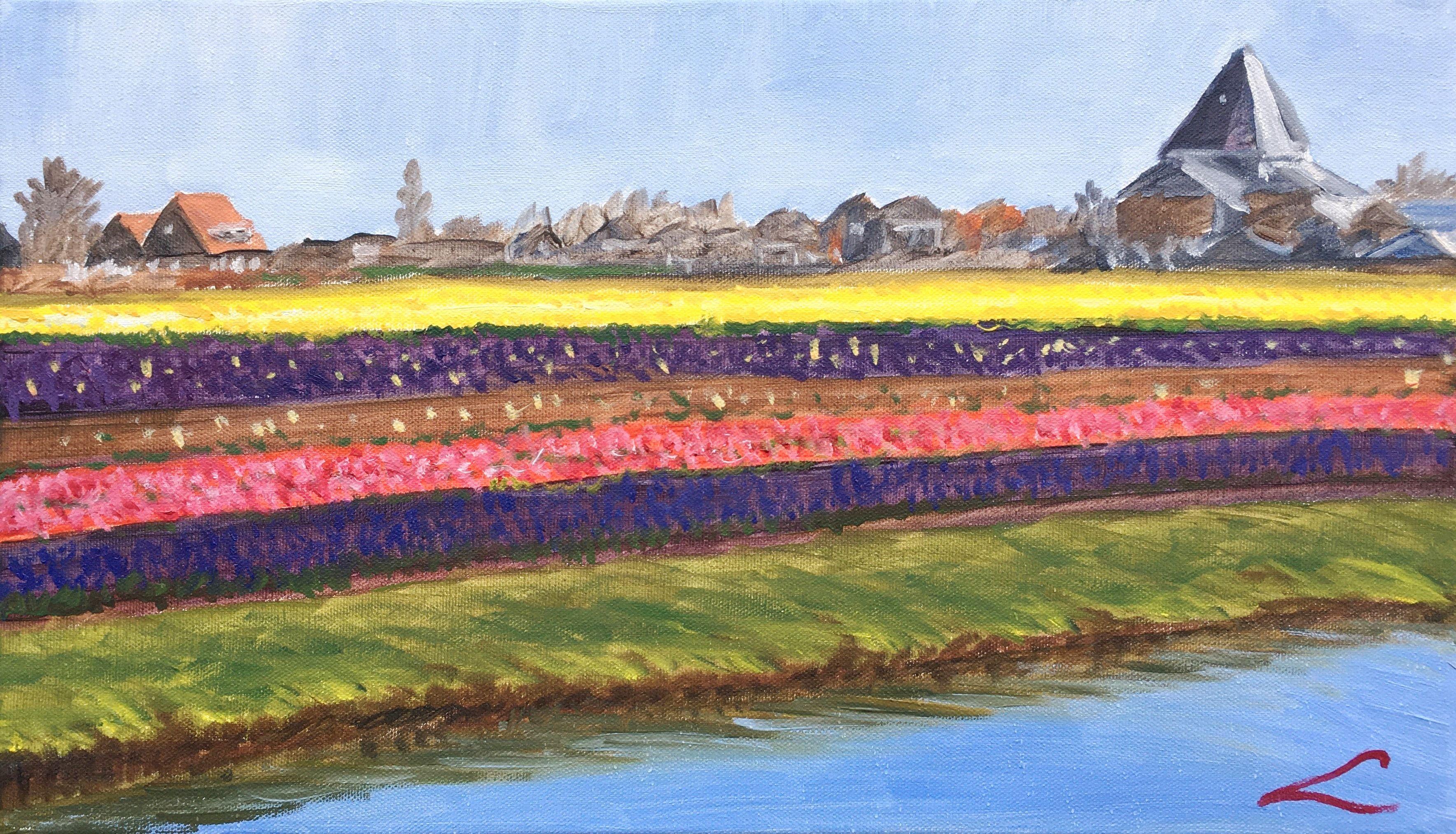 Spring landscape with tulip fields, painted by oil on canvas :: Painting :: Impressionist :: This piece comes with an official certificate of authenticity signed by the artist :: Ready to Hang: Yes :: Signed: Yes :: Signature Location: on front ::