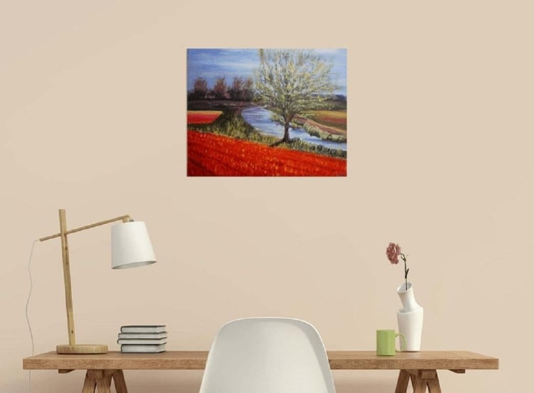 Spring Holland landscape with tulip fields and a tree at the channel. Studio painting done after the plain air at the location. :: Painting :: Impressionist :: This piece comes with an official certificate of authenticity signed by the artist ::