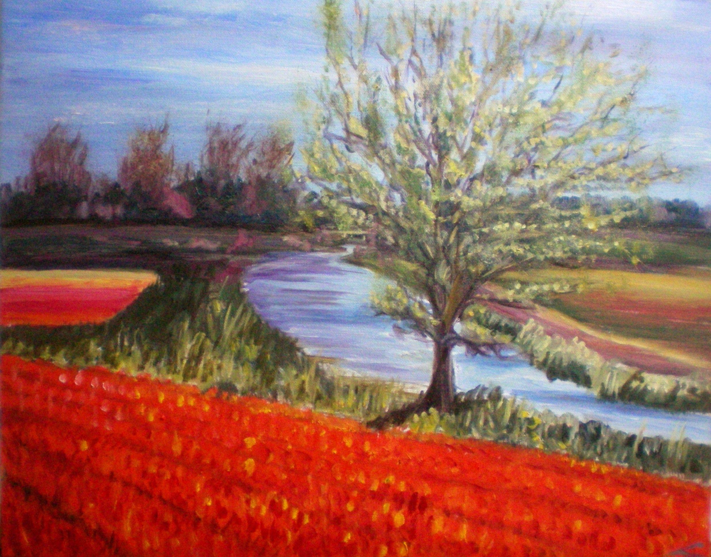 Frühling in Holland, Baum am Kanal, Gemälde, Öl auf Leinwand – Painting von Elena Sokolova