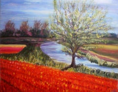 Spring in Holland, tree at the channel., Painting, Oil on Canvas