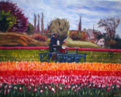 Spring in Holland, tulips worker, Painting, Oil on Canvas