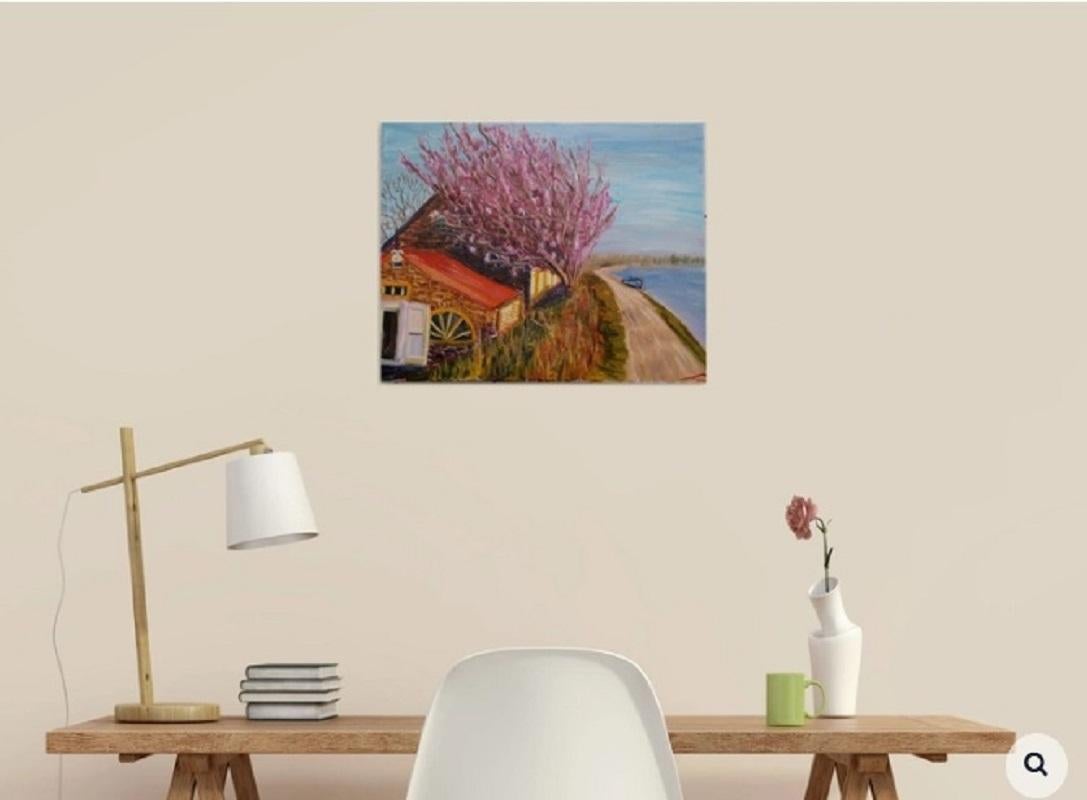 Holländische Frühlingslandschaft mit einem Haus und einem blühenden Baum am Kanal, gemalt mit Öl auf Leinwand :: Gemälde :: Impressionist :: Dieses Werk wird mit einem offiziellen, vom Künstler unterzeichneten Echtheitszertifikat geliefert :: Bereit