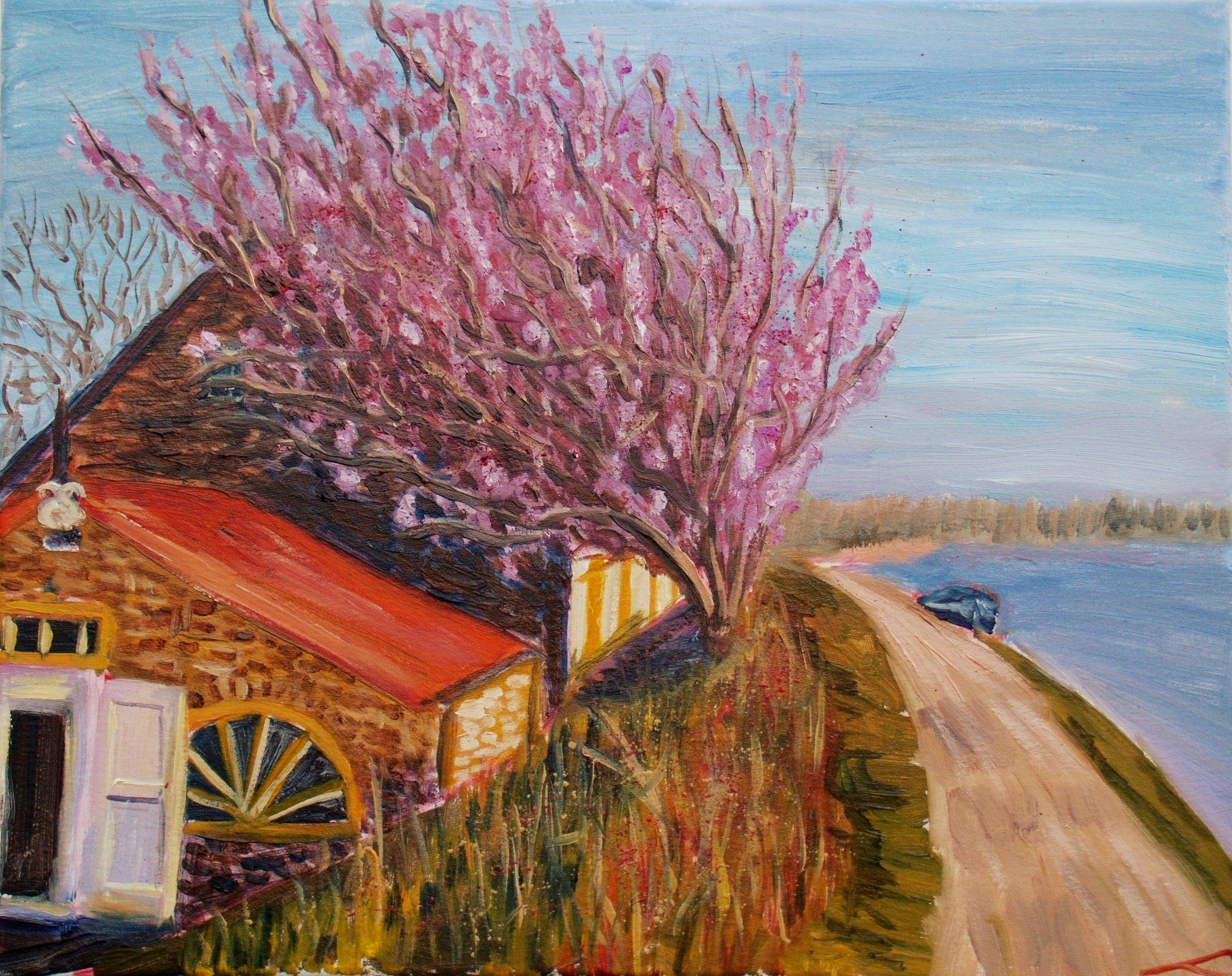 Spring Holland landscape with a house and a blossum tree at the channel, painted by oil on canvas. :: Painting :: Impressionist :: This piece comes with an official certificate of authenticity signed by the artist :: Ready to Hang: Yes :: Signed:
