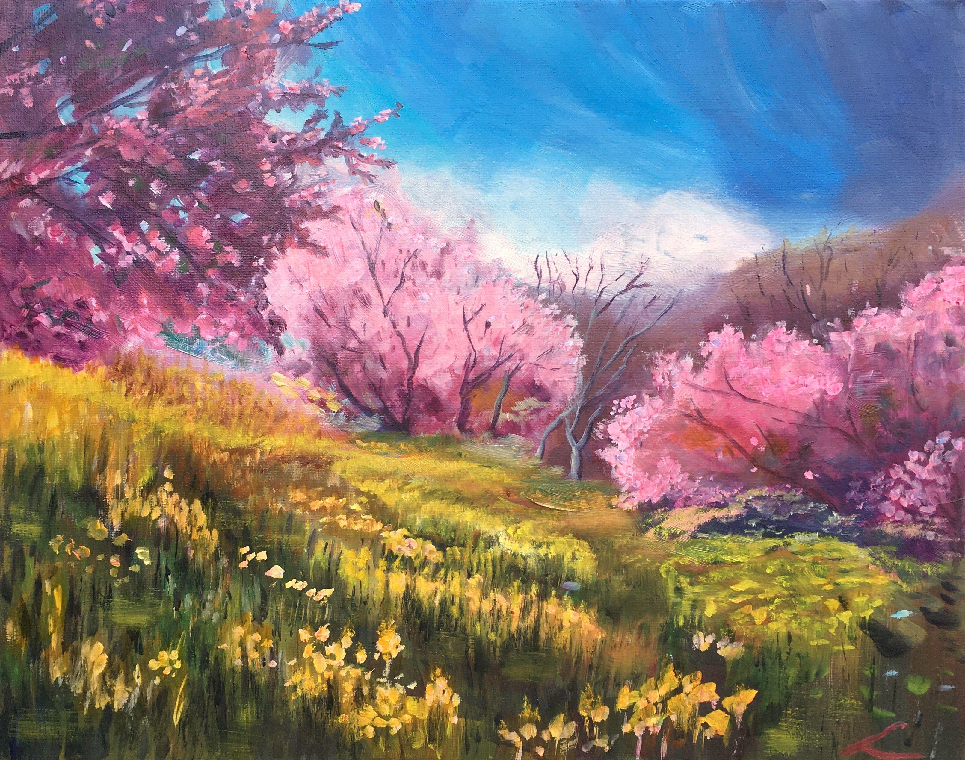 Alberi di primavera 2, Pittura, Olio su tela