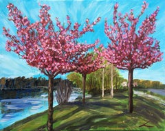 Peinture, huile sur toile, arbres de printemps